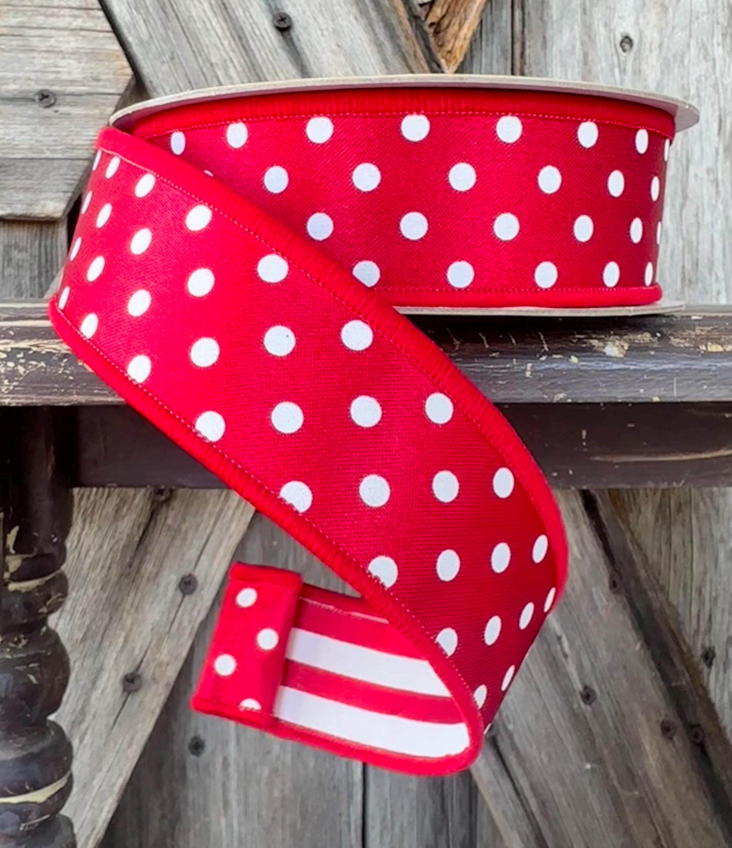 Red White Stripe and Polka Dot Ribbon, 10 Yards, Wired Ribbon