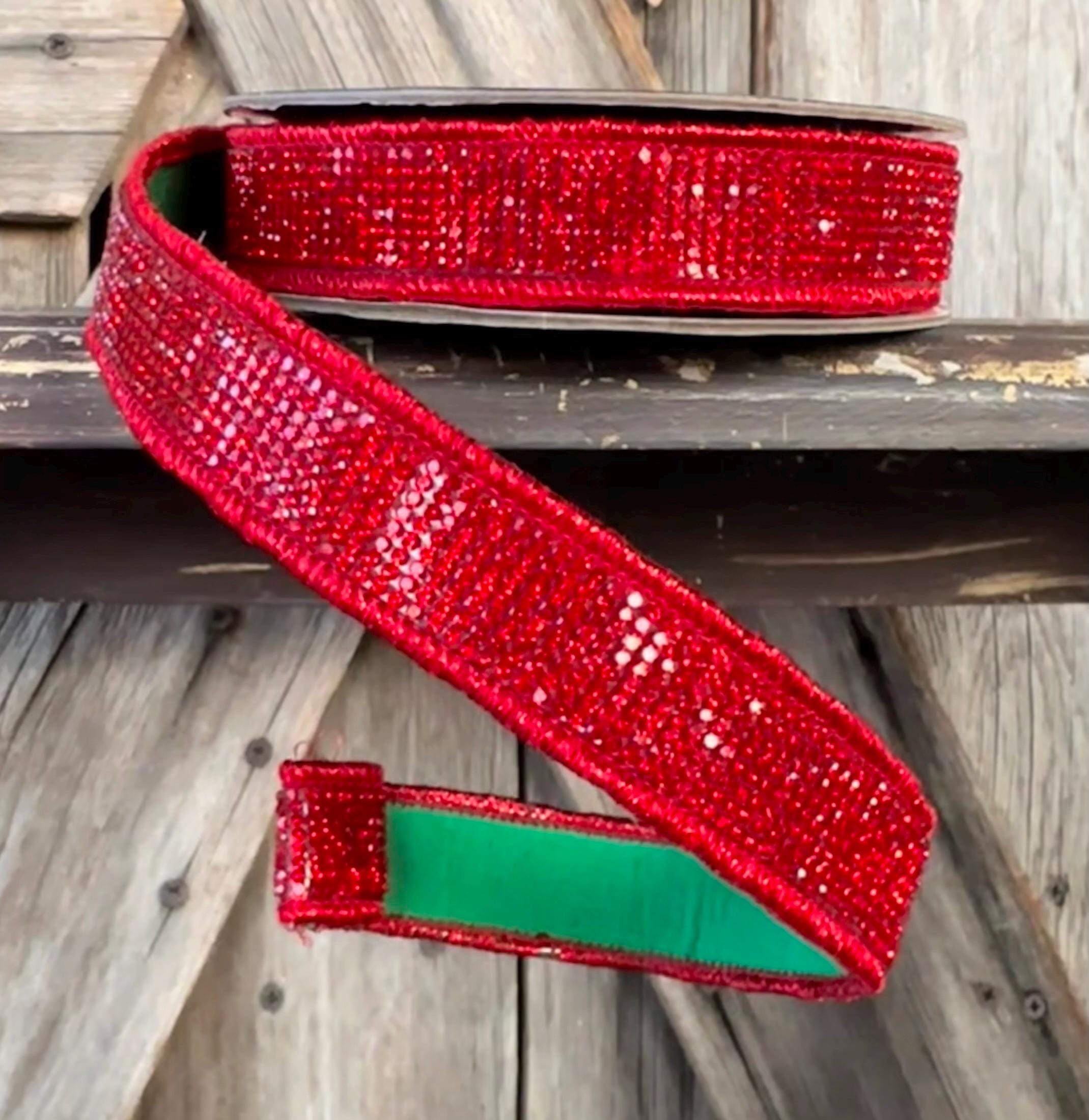 Red Mega Jeweled with Green Backside Wired Ribbon 1 Inch, 5 Yards