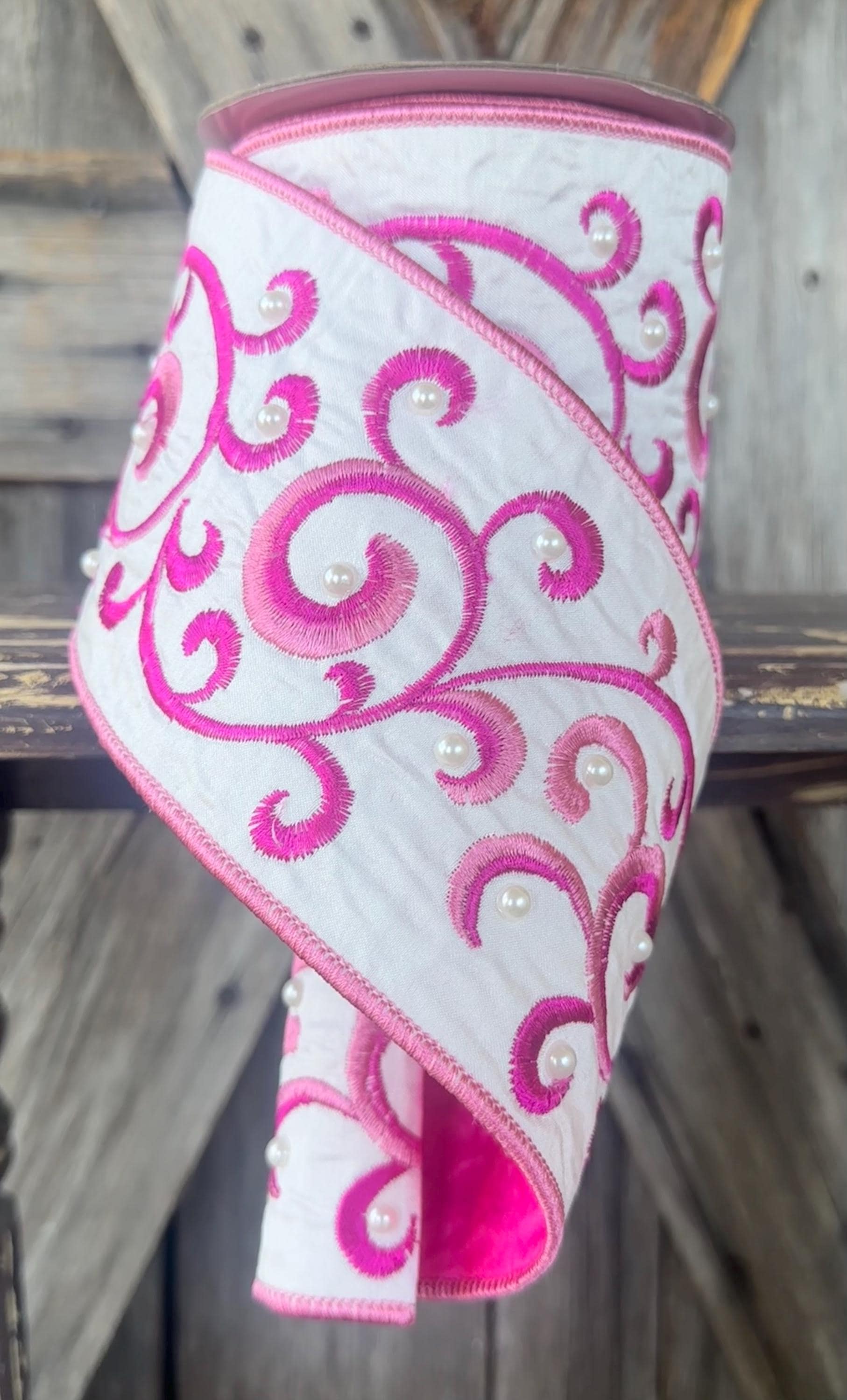 Pink White Embroidered Swirl Wired Ribbon 4 Inch