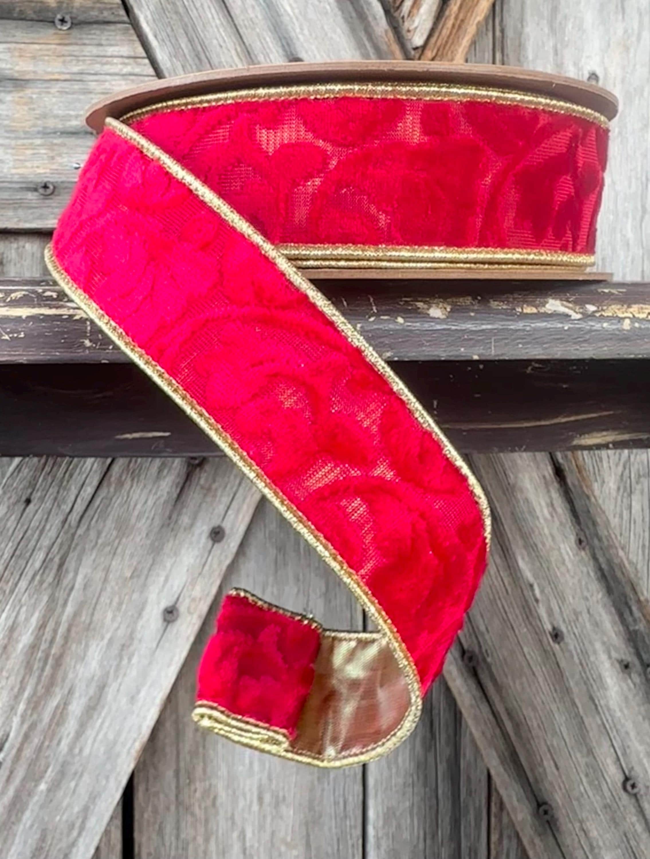Red Floral Embossed Velvet Wired Ribbon 1.5 Inch
