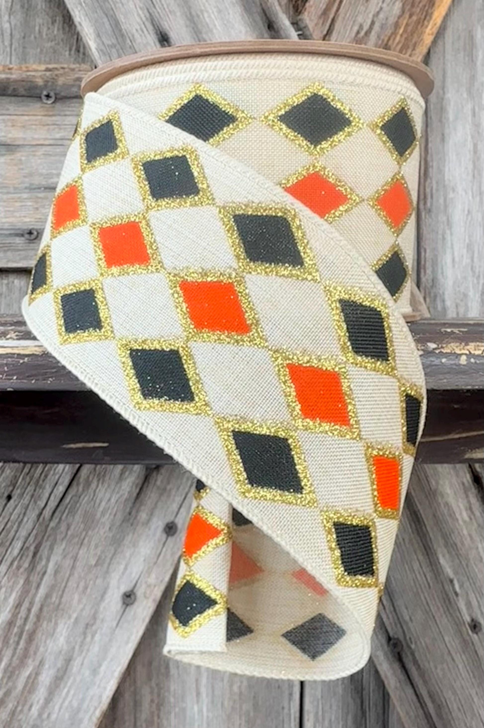 Orange Black Harlequin Wired Ribbon 2.5 Inch