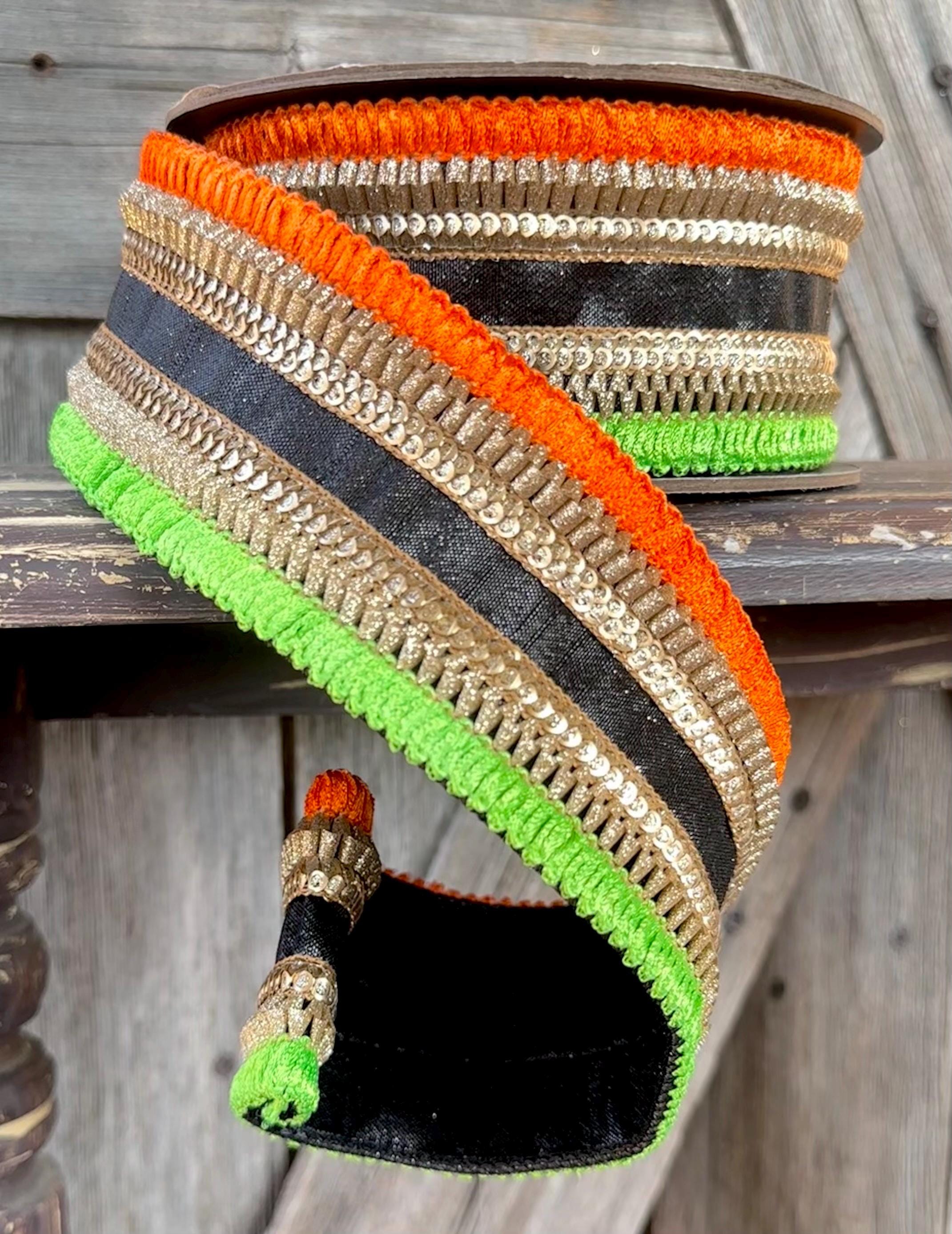 Gold Lime Orange Black Trim Wired Ribbon 2.5 Inch