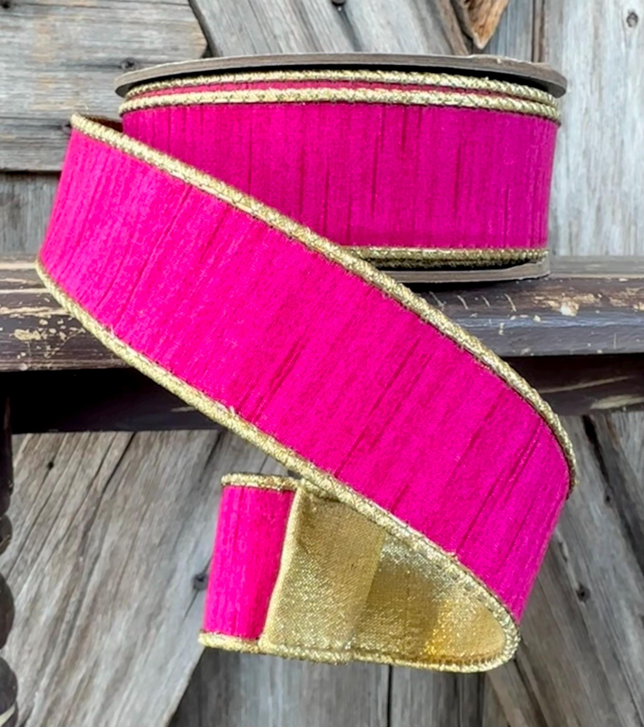 Hot Pink Gold Dupion Wired Ribbon 1.5 Inch