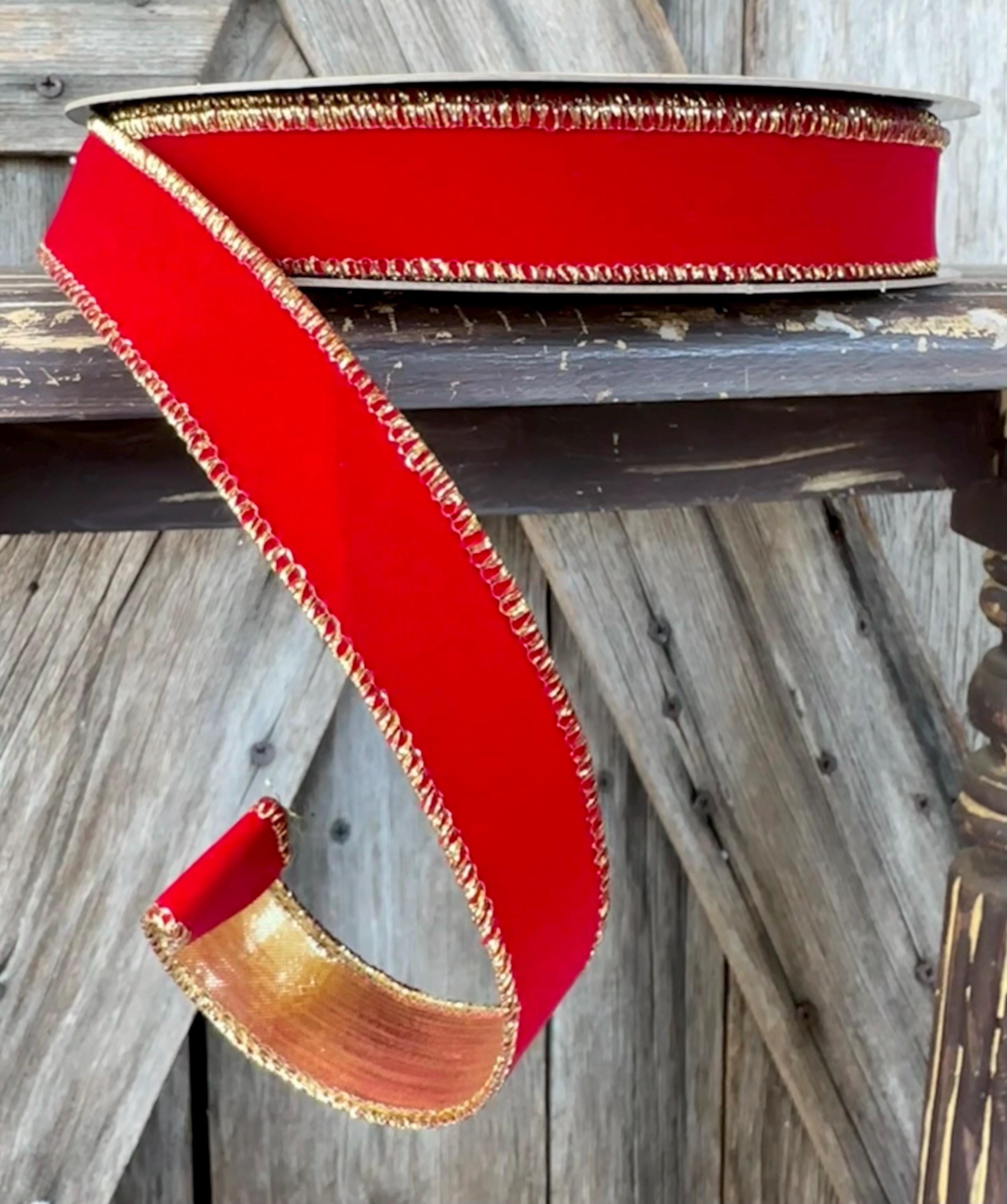 Flocked Red Wired Ribbon 1 Inch, 25 Yards