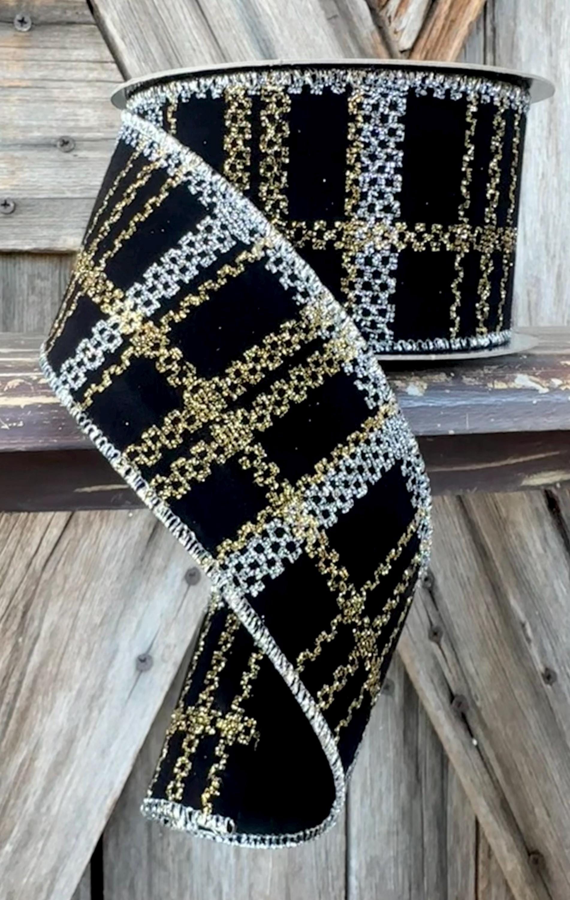 Black Gold Silver Plaid Wired Ribbon 2.5 Inch