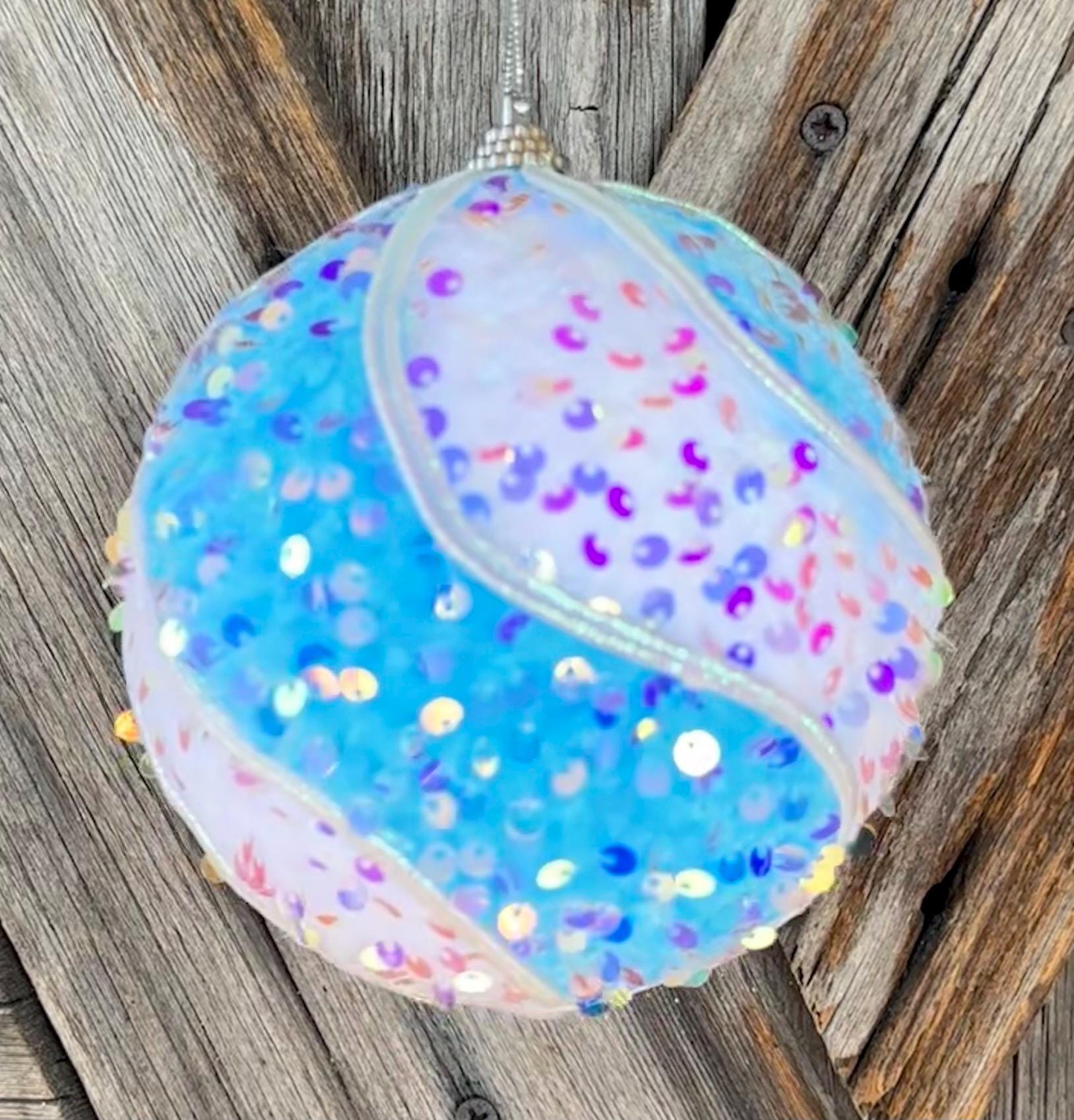 Blue White Sequin Swirl Ball 5 Inch Shatterproof