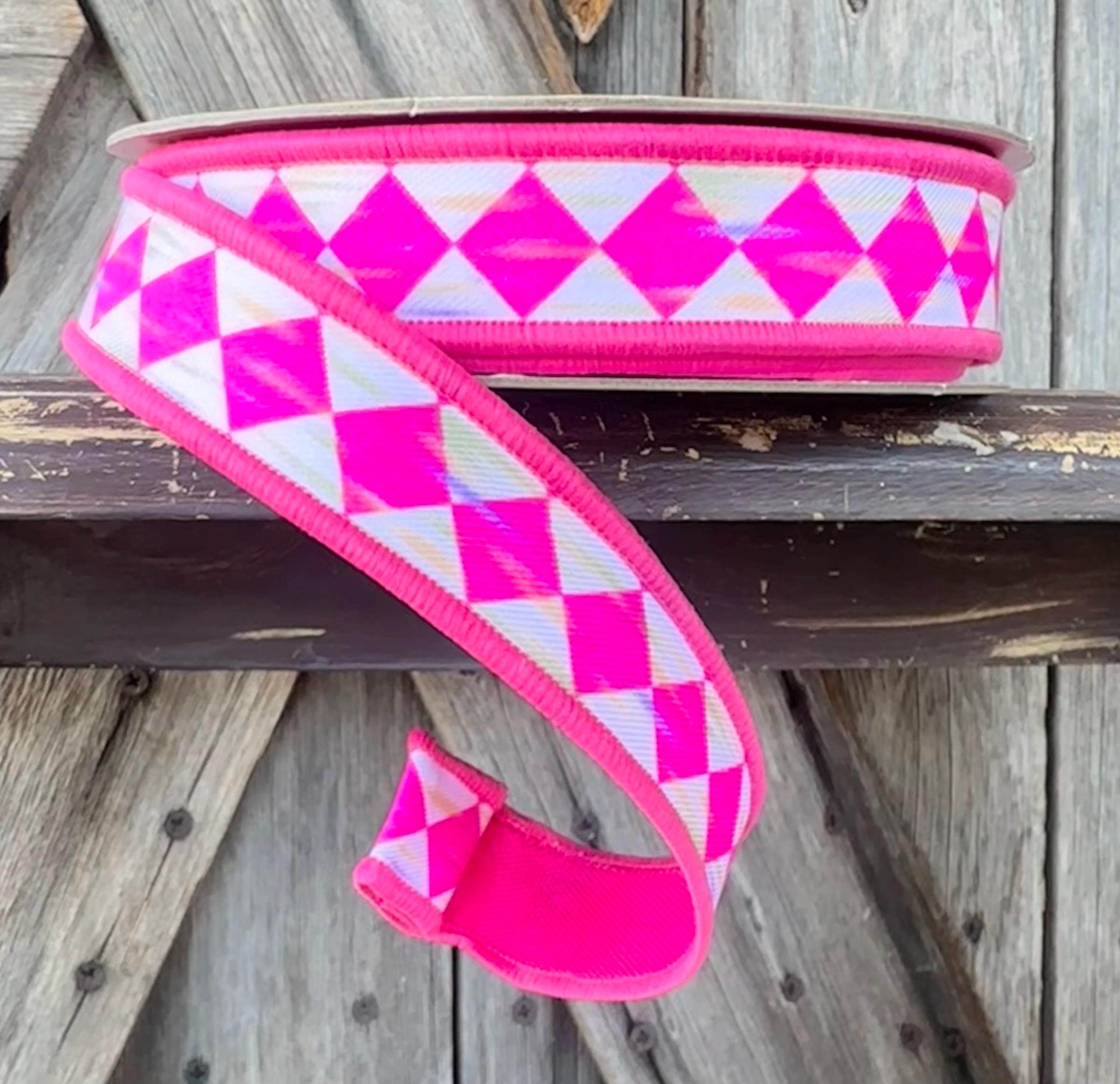Pink White Diamond Wired Ribbon 7/8 Inch