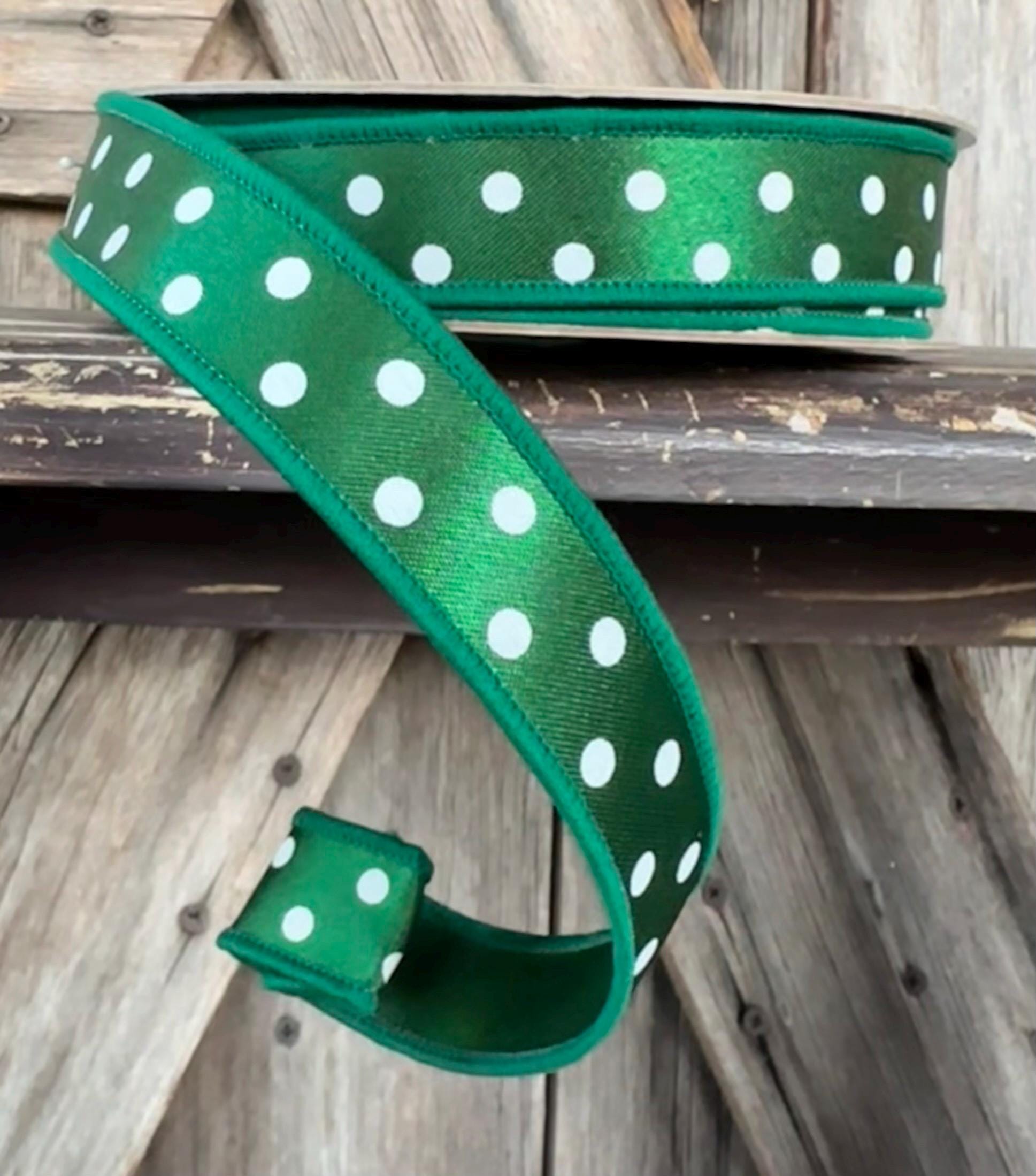 Emerald & White Polka Dot Wired Ribbon 7/8 Inch