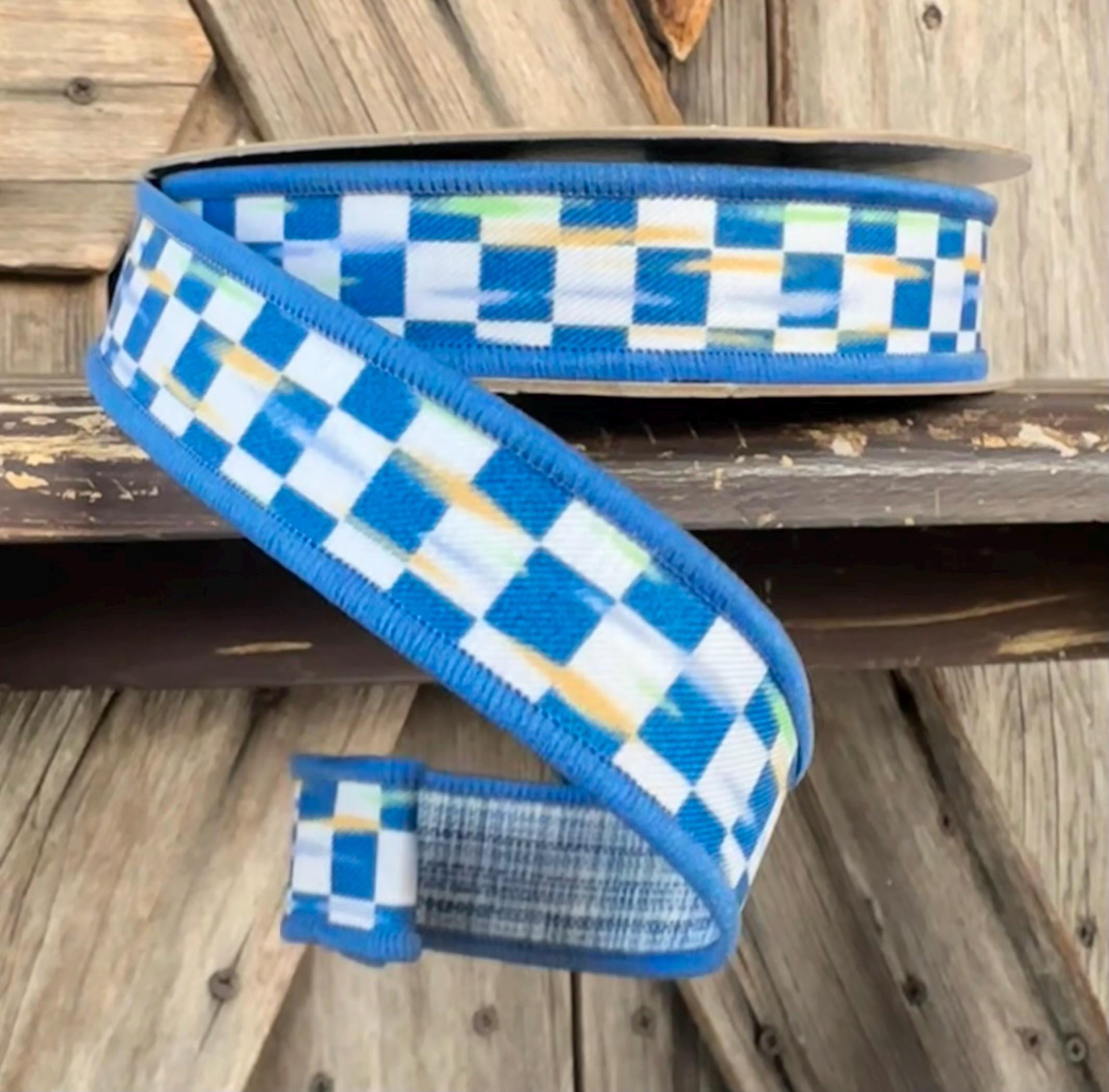 Blue White Antique Checkerboard Wired Ribbon 7/8 Inch