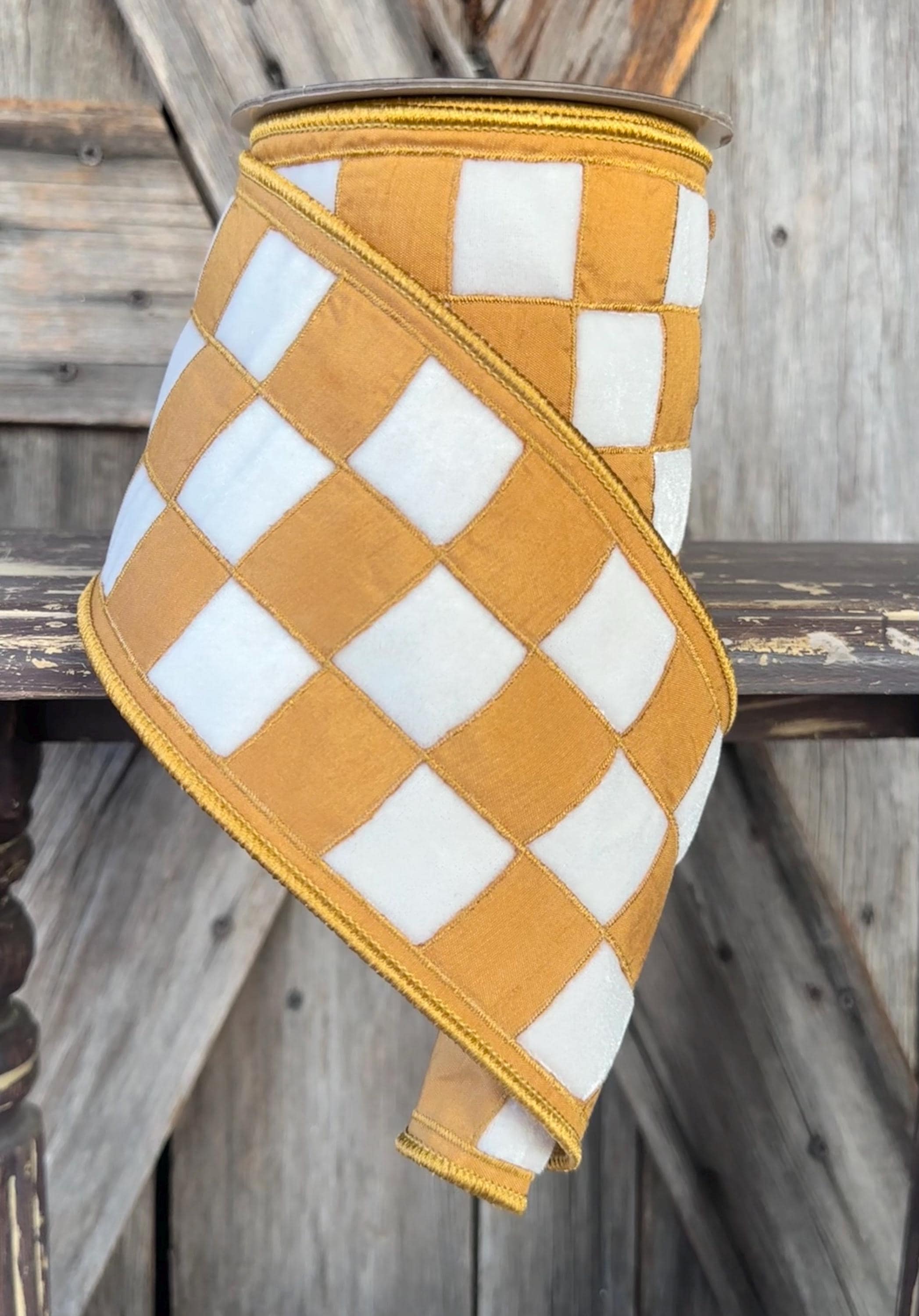 Gold White Velvet Check Wired Ribbon 4 Inch