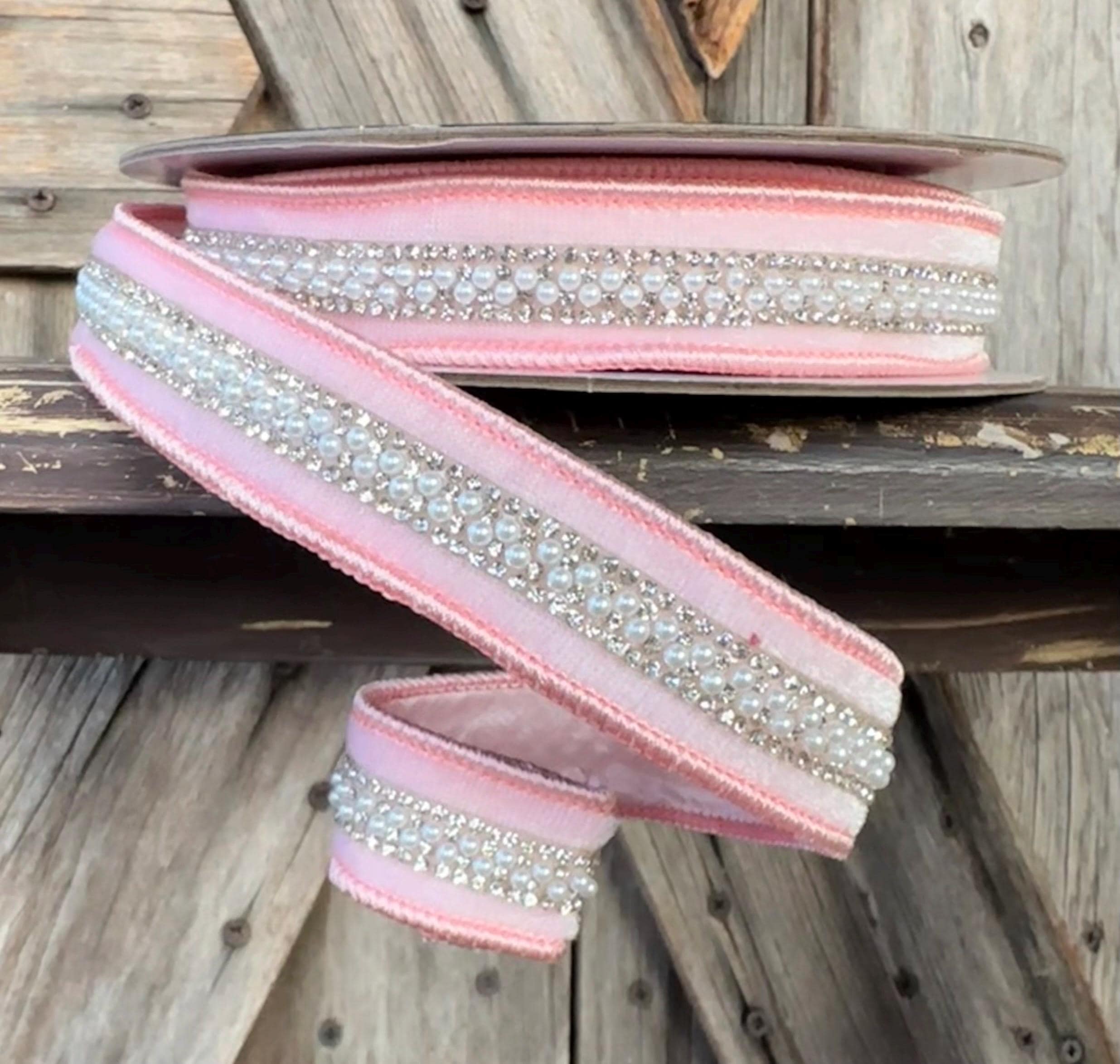 Pink Jeweled Wired Ribbon 1 Inch, 5 Yards