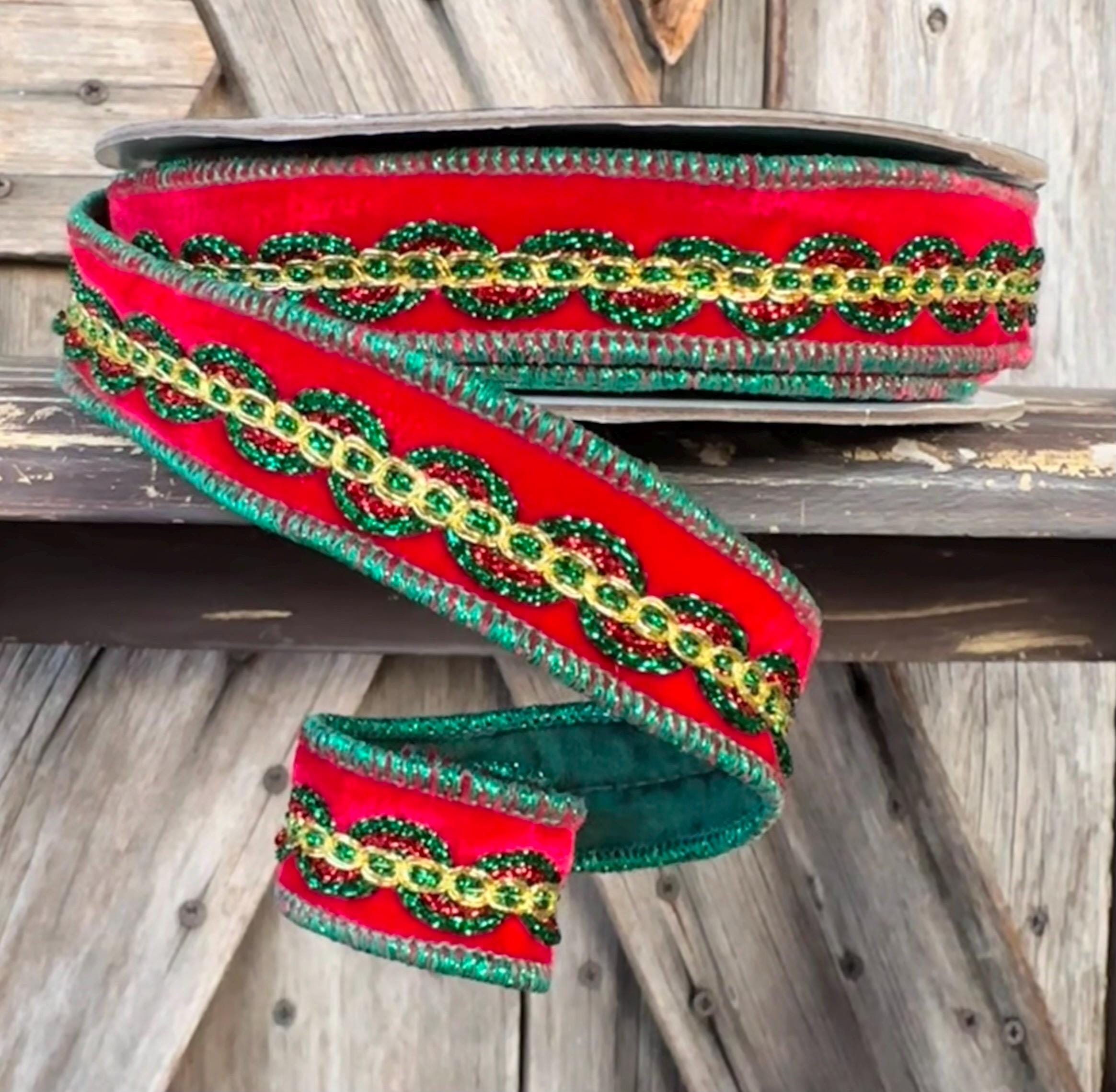 Red Green Gold Trim Wired Ribbon 1 Inch