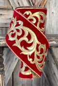Regal Red Filagree Velvet Wired Ribbon 4 Inch