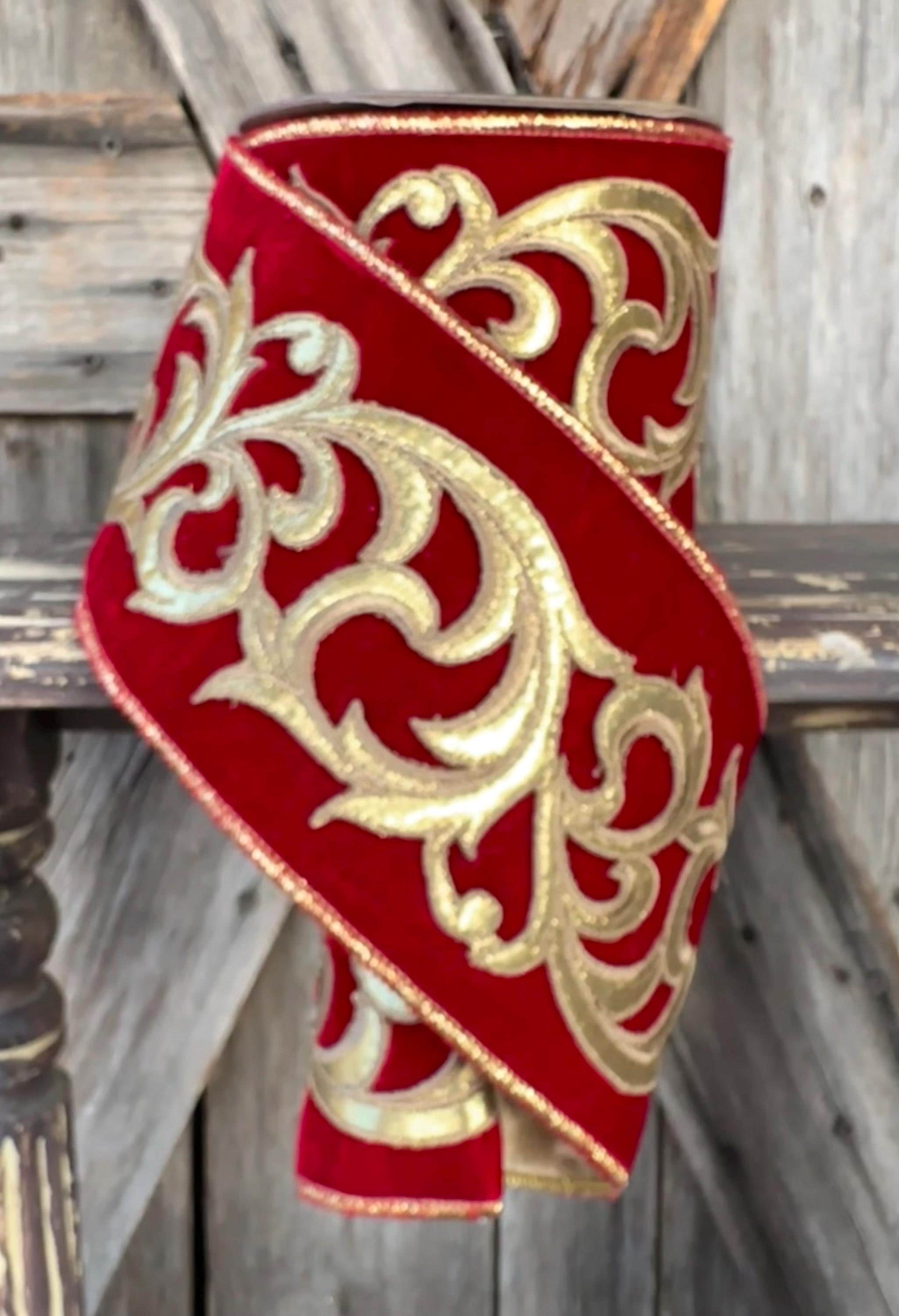 Regal Red Filagree Velvet Wired Ribbon 4 Inch