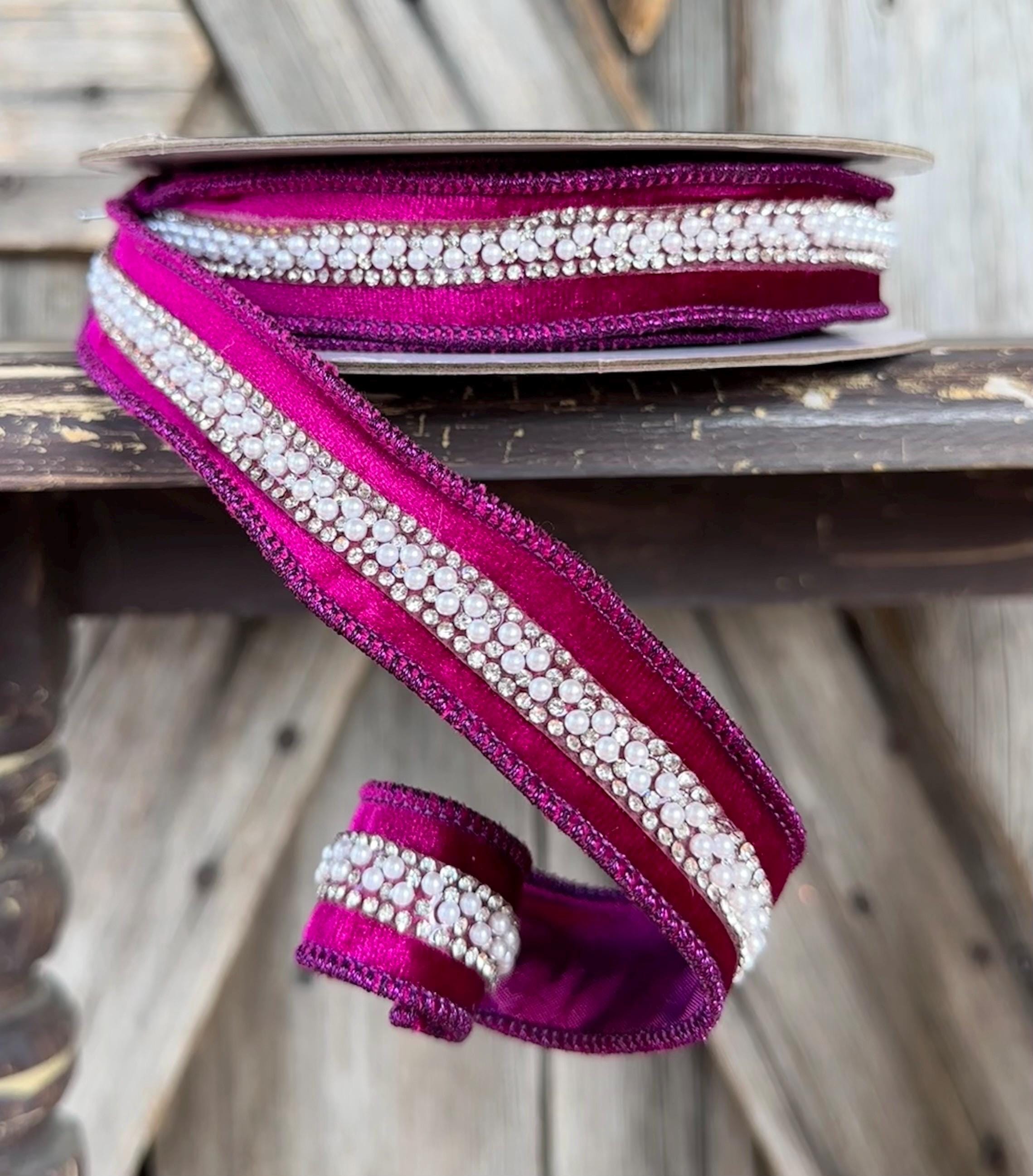 Plum Jeweled Wired Ribbon 1 Inch, 5 Yards