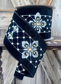 Black White Pearled Velvet Check Wired Ribbon 4 Inch