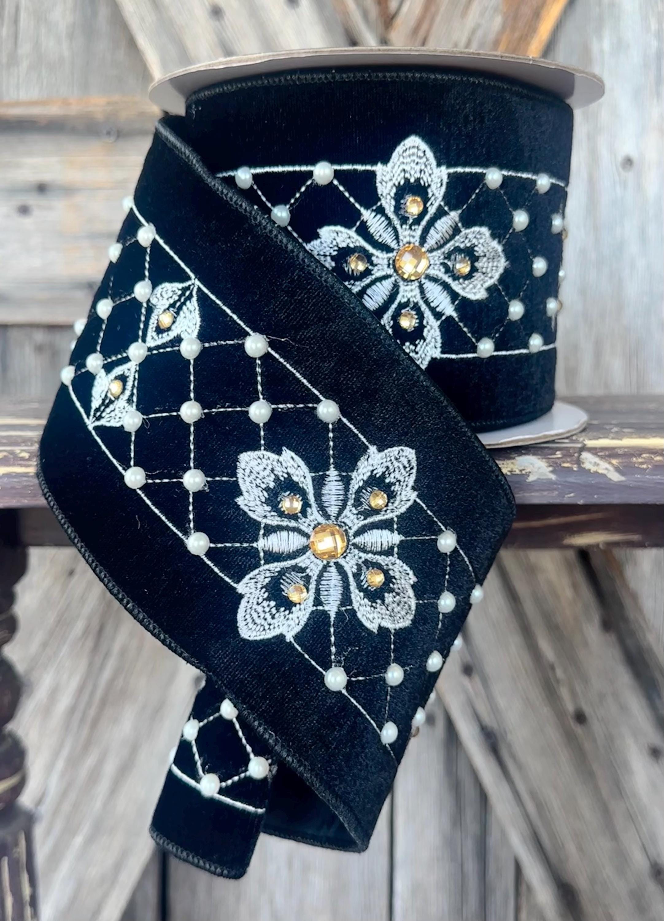 Black White Pearled Velvet Check Wired Ribbon 4 Inch