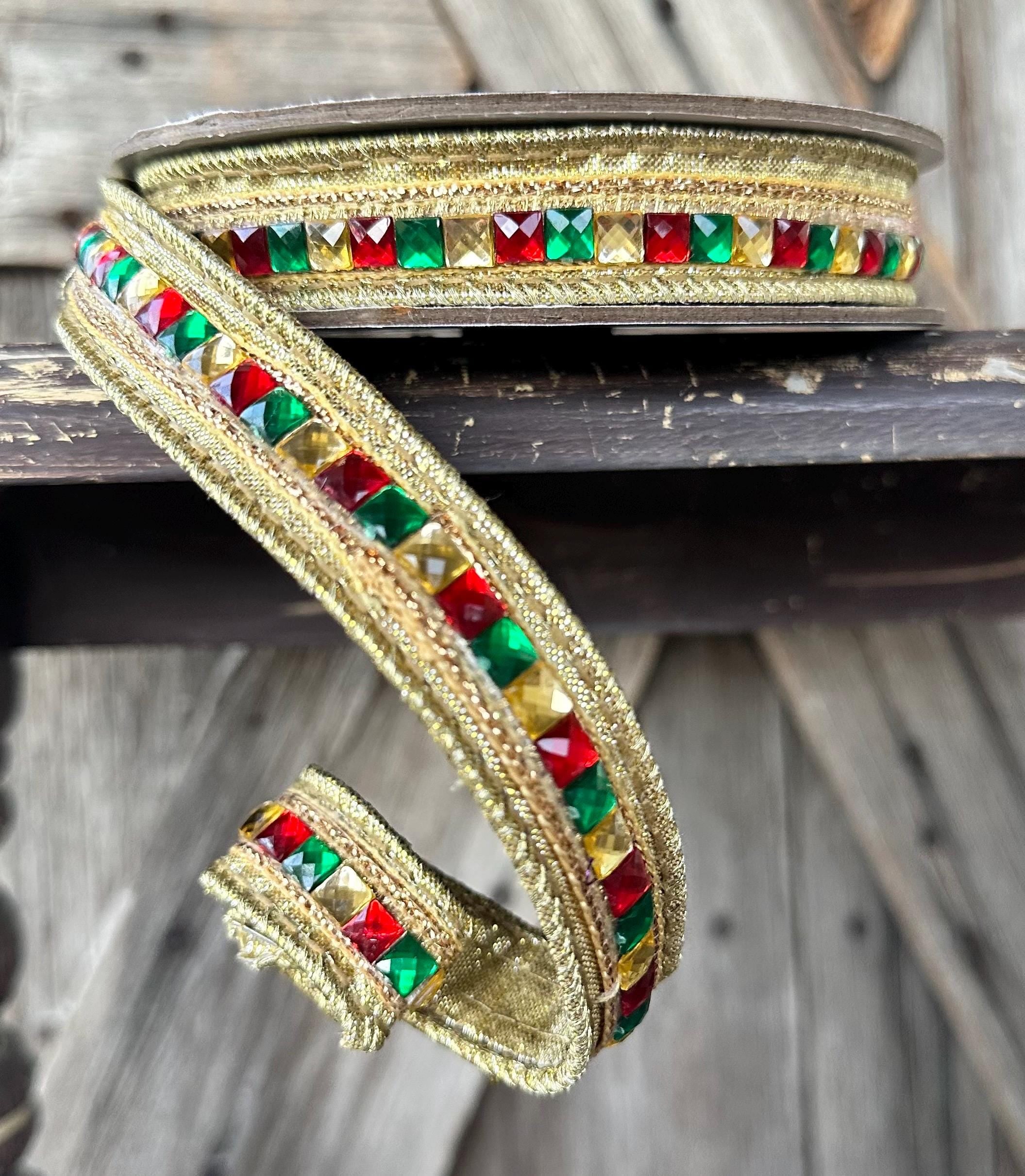 Red Emerald Gold Jeweled Farrisilk Wired Ribbon 3/4 Inch