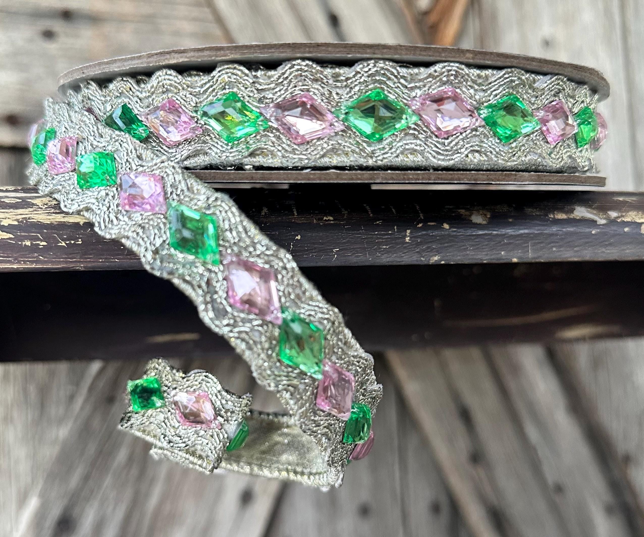 Pink Mint Jeweled Farrisilk Wired Ribbon 3/4 Inch