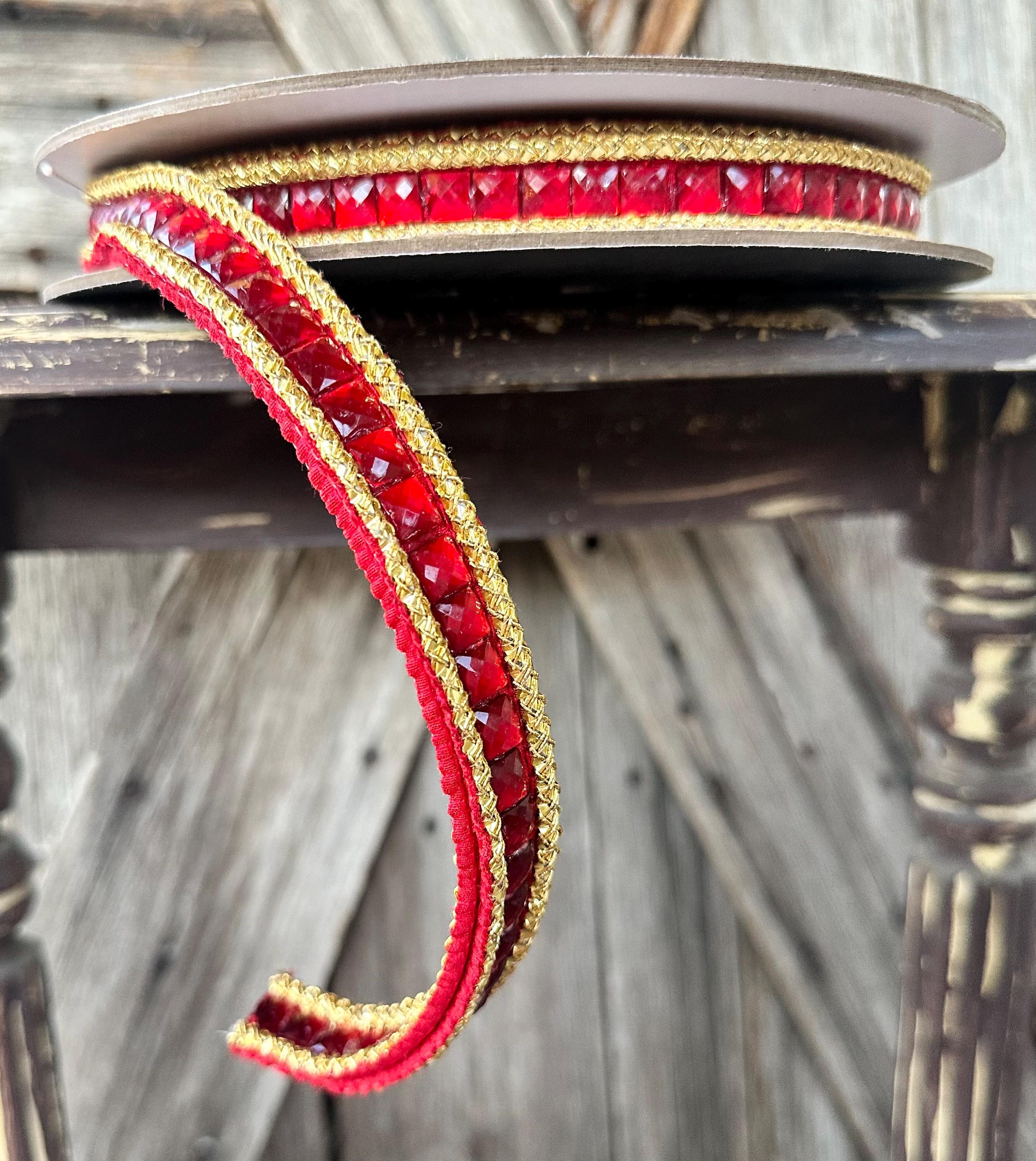 Red Jeweled Double Sided Farrisilk Wired Ribbon 3/4 Inch