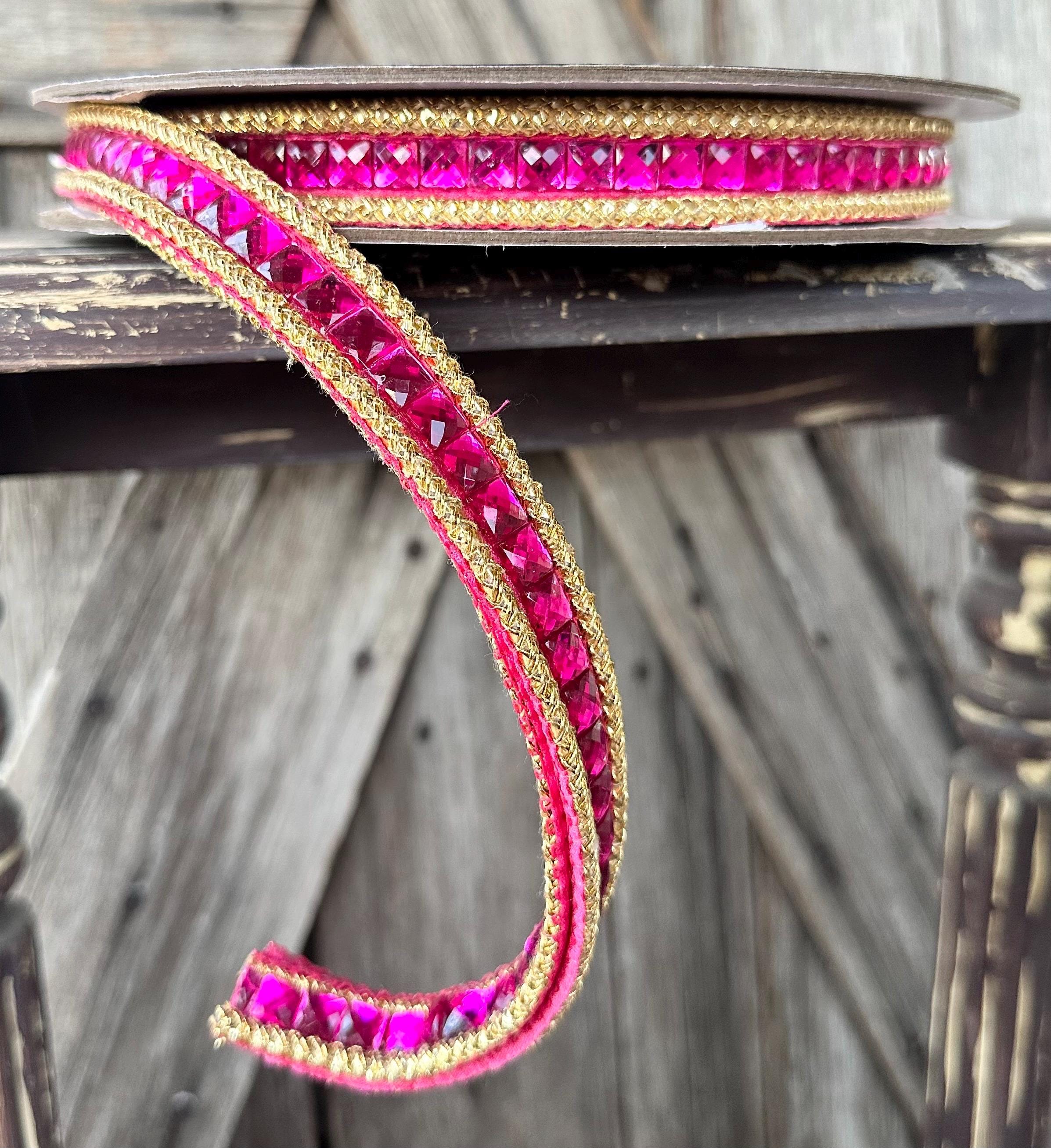 Hot Pink Jeweled Double Sided Farrisilk Wired Ribbon 3/4 Inch