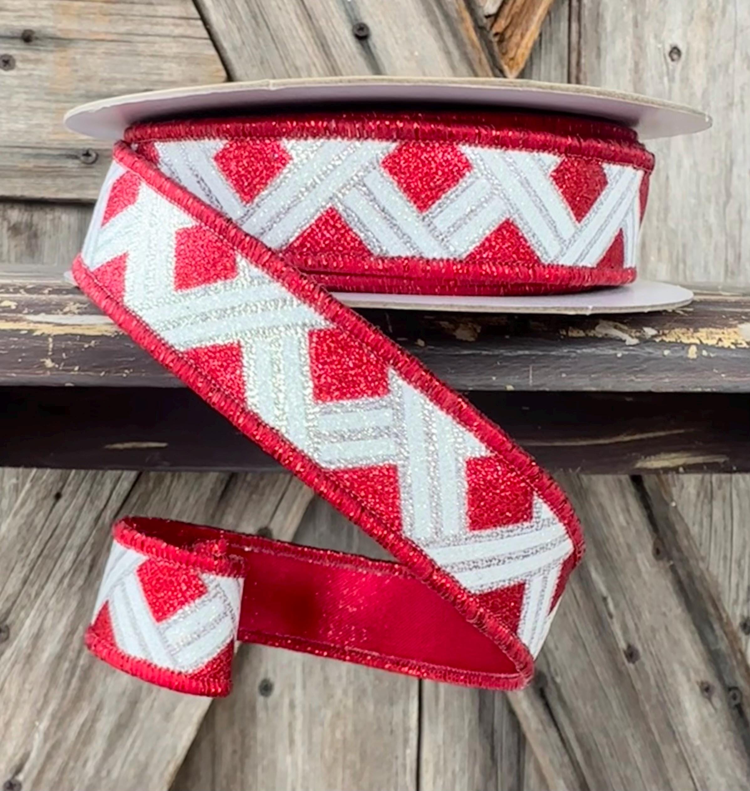 Red & White Woven Stripes Wired Ribbon 7/8 Inch