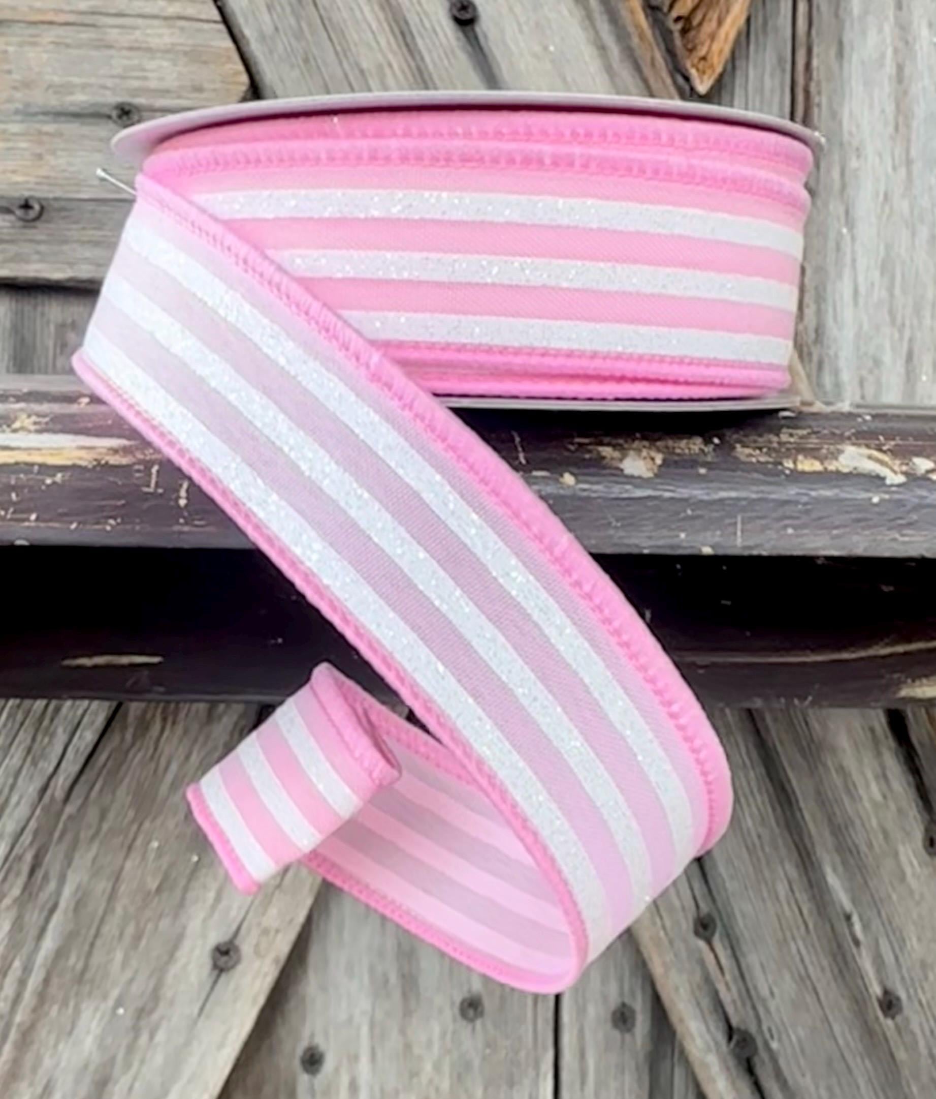 Link White Glitter Stripe Wired Ribbon 7/8 Inch