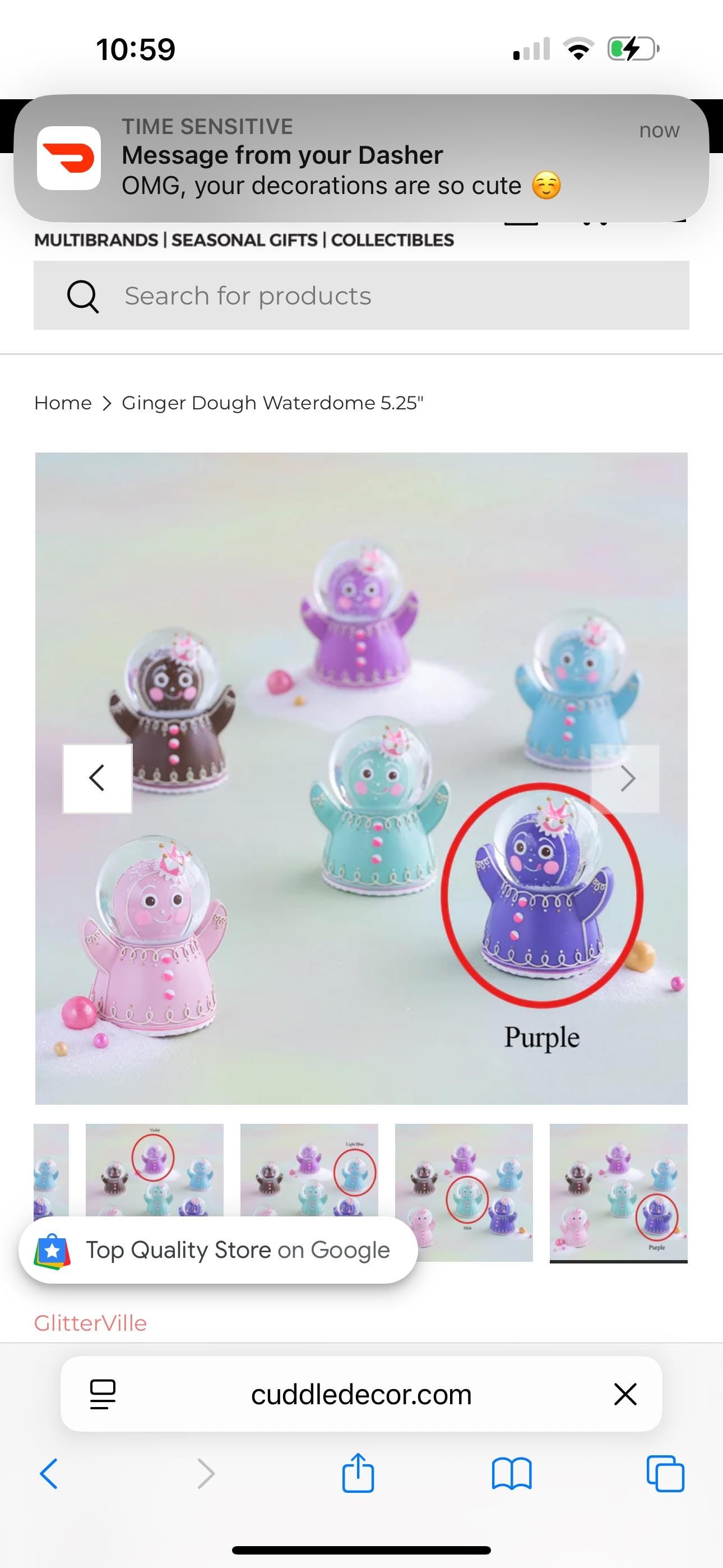 Glitterville Purple Gingerbread Snowglobe, Warehouse Sale