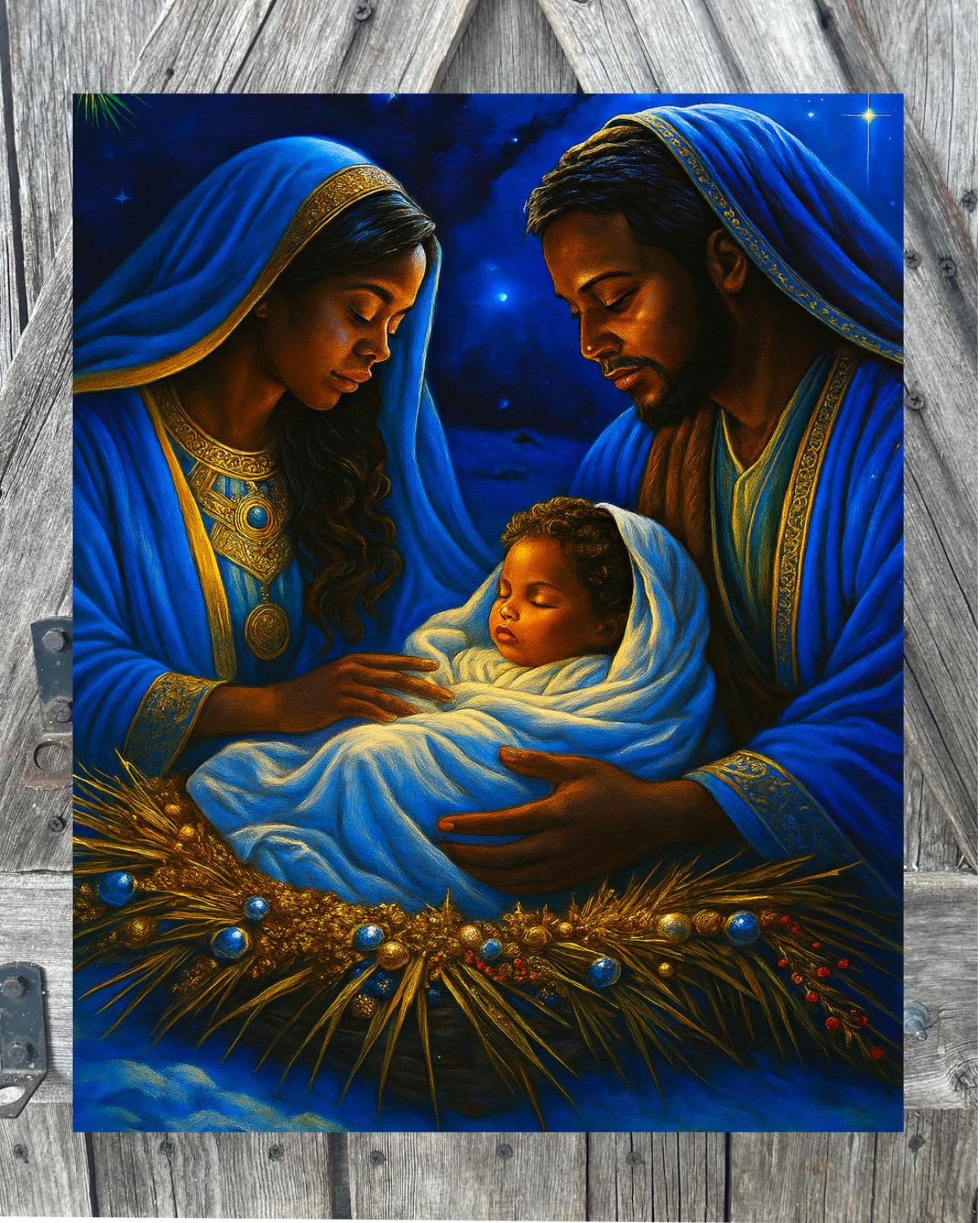 Blue Gold Nativity, Christmas Sign, Christmas Decor, Christmas Wall Art