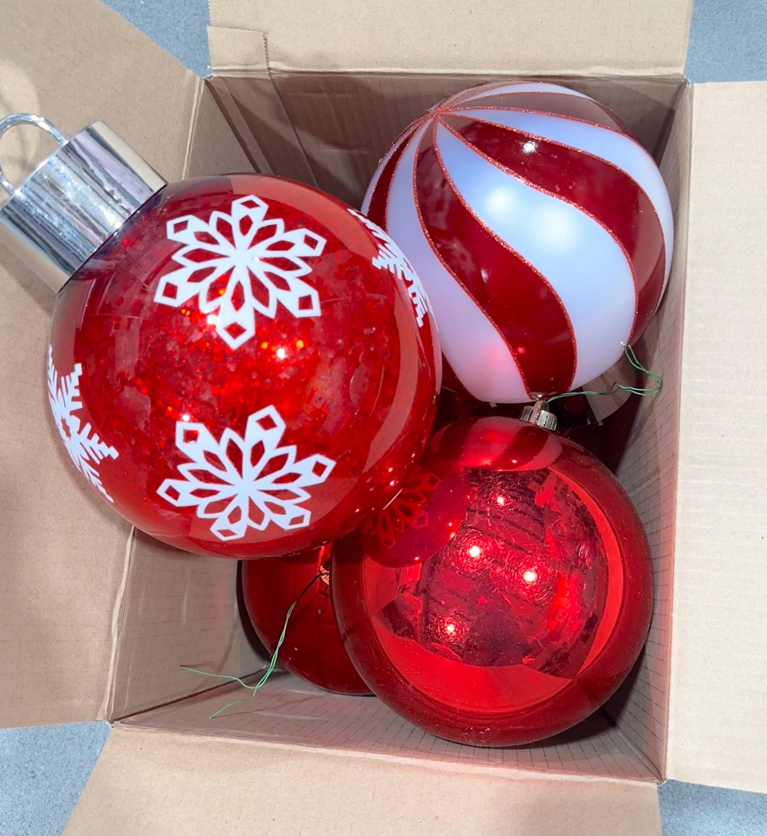 Box of Large Red Ornaments ~ 6~ Used, Warehouse Sale