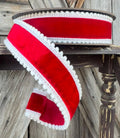 Red Velvet White Pom Pom Wired Ribbon 1.5 Inch