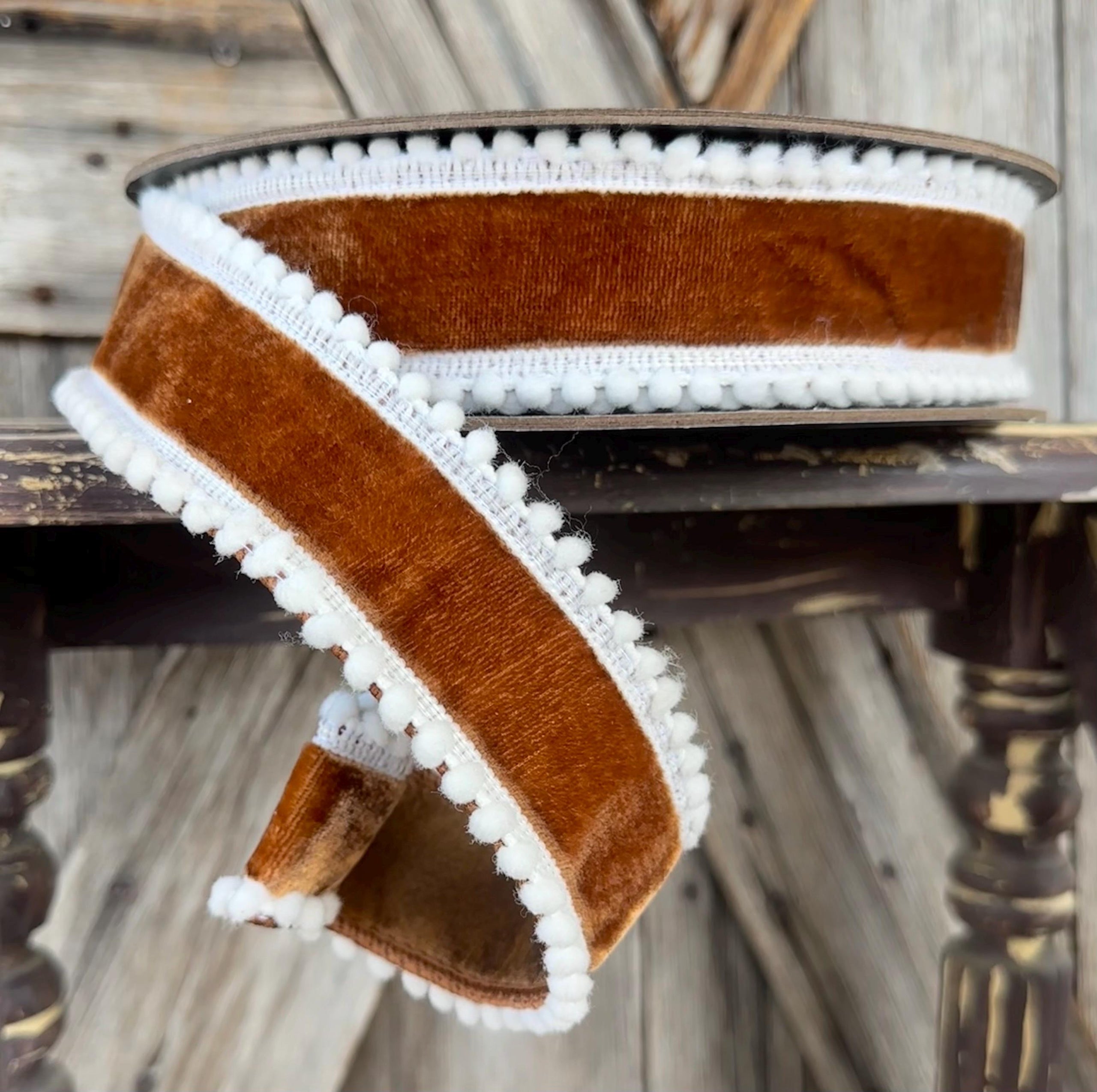 Chocolate Velvet White Pom Pom Wired Ribbon 1.5 Inch
