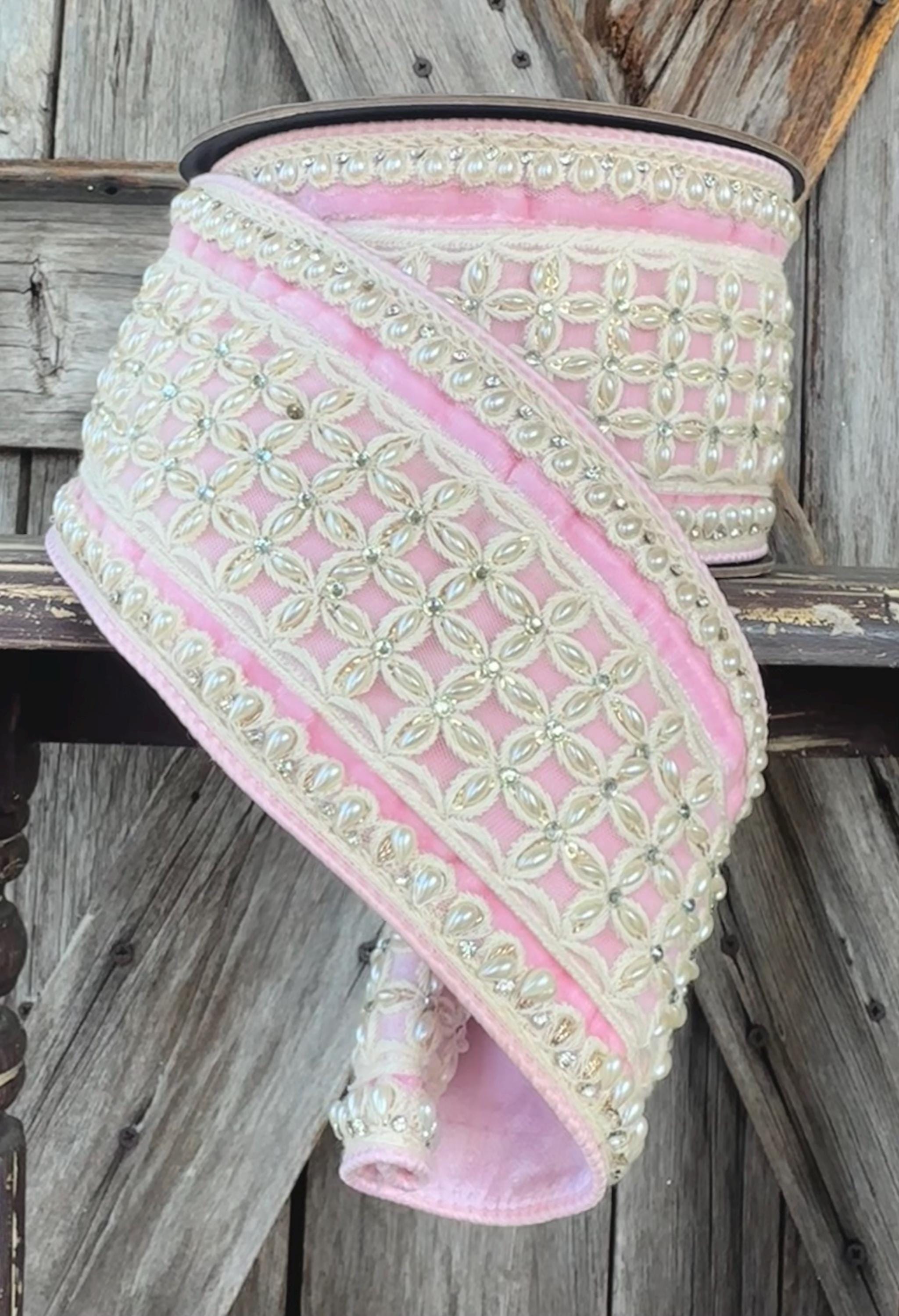 Pink Velvet Pearl Wired Ribbon 4 Inch