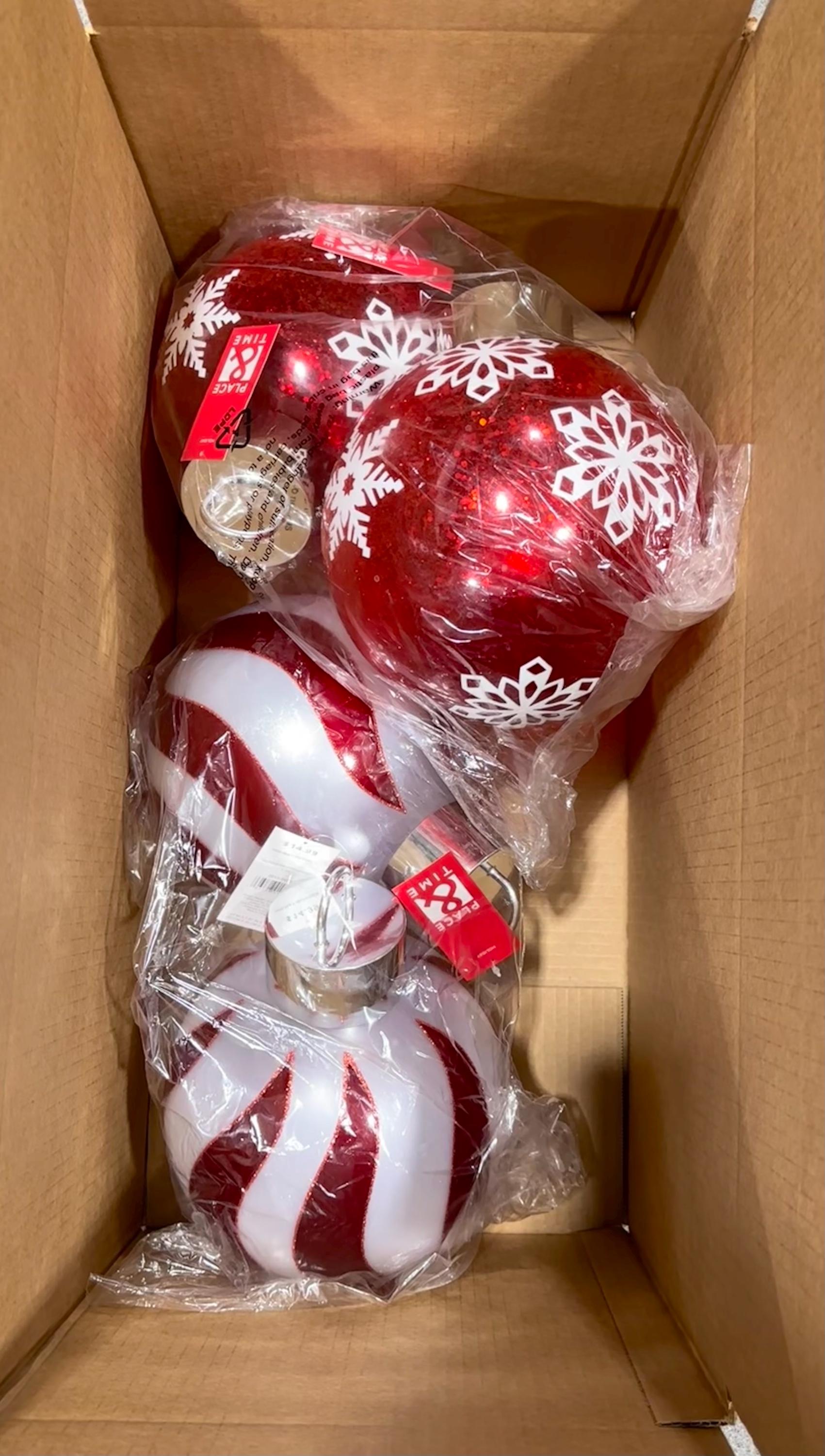 Box of 4 New Large Red White Ornaments, Warehouse Sale