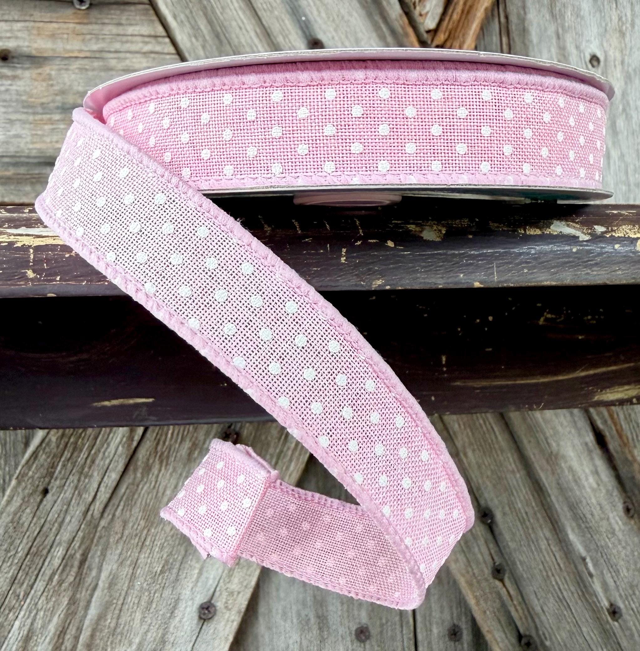 Pink White Dot Wired Ribbon 5/8 Inch