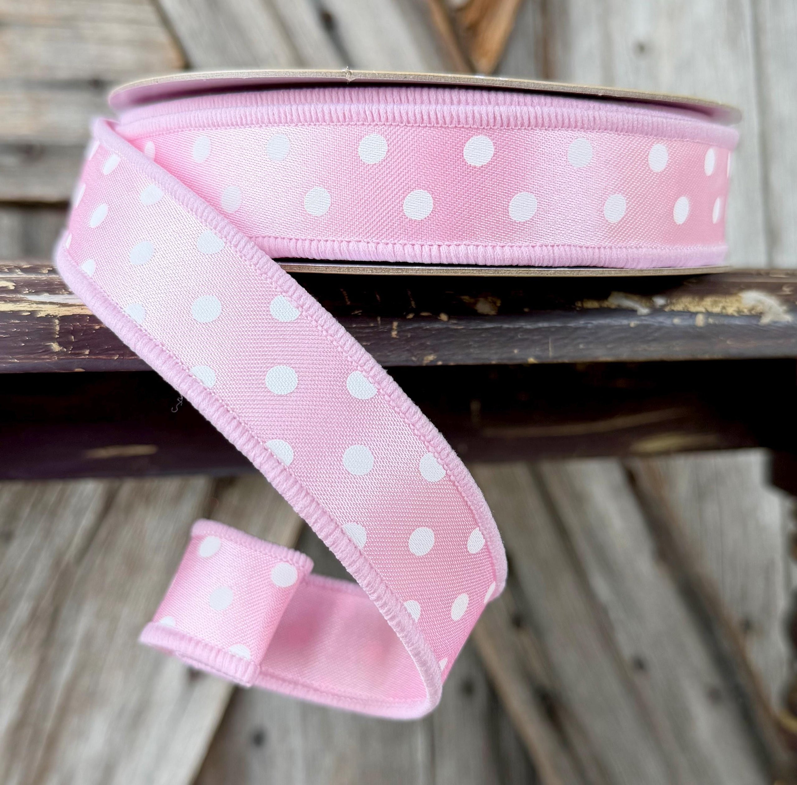 Pink White Polka Dot Wired Ribbon 7/8 Inch