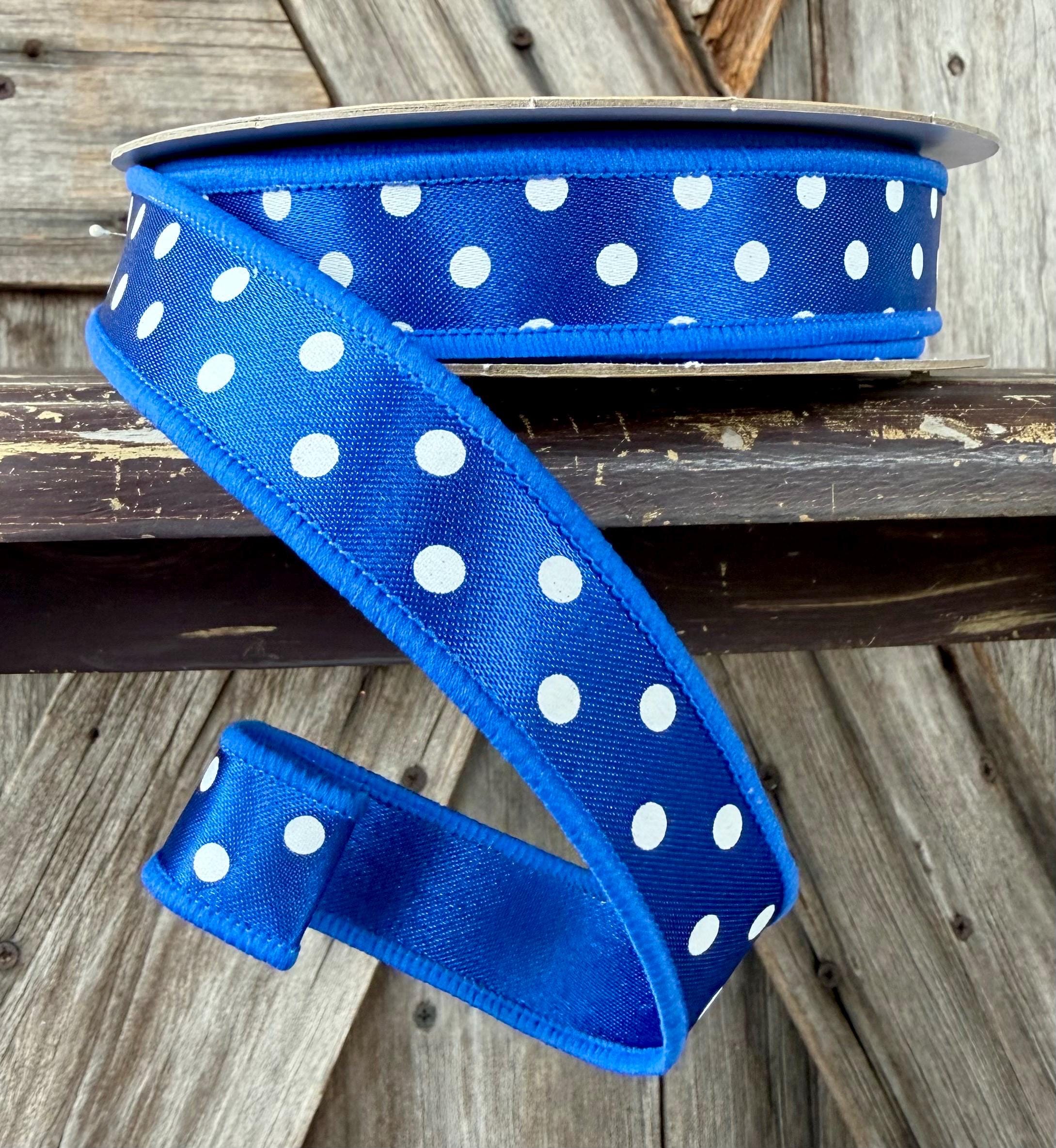 Blue White Polka Dot Wired Ribbon 7/8 Inch