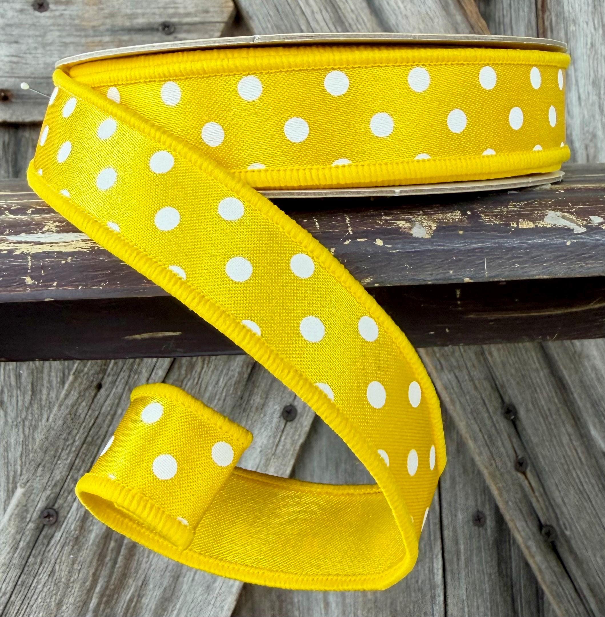 Yellow White Polka Dot Wired Ribbon 7/8 Inch