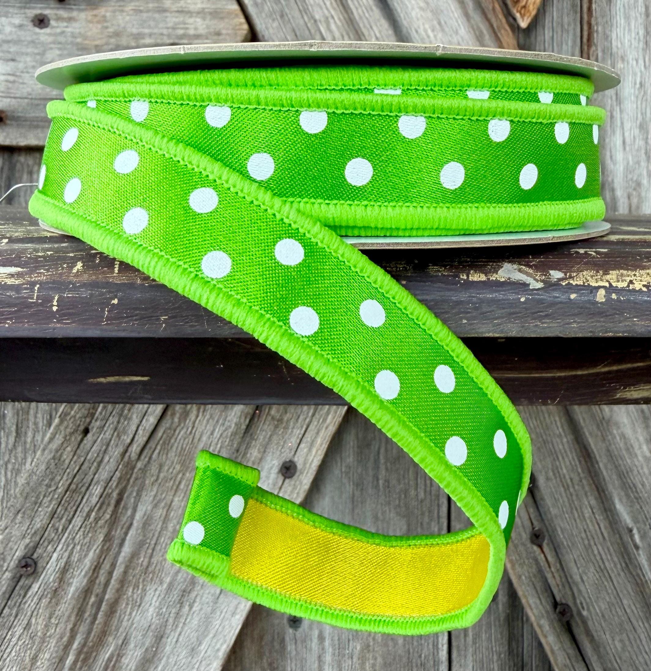 Fresh Green White Polka Dot Yellow Back Wired Ribbon 7/8 Inch