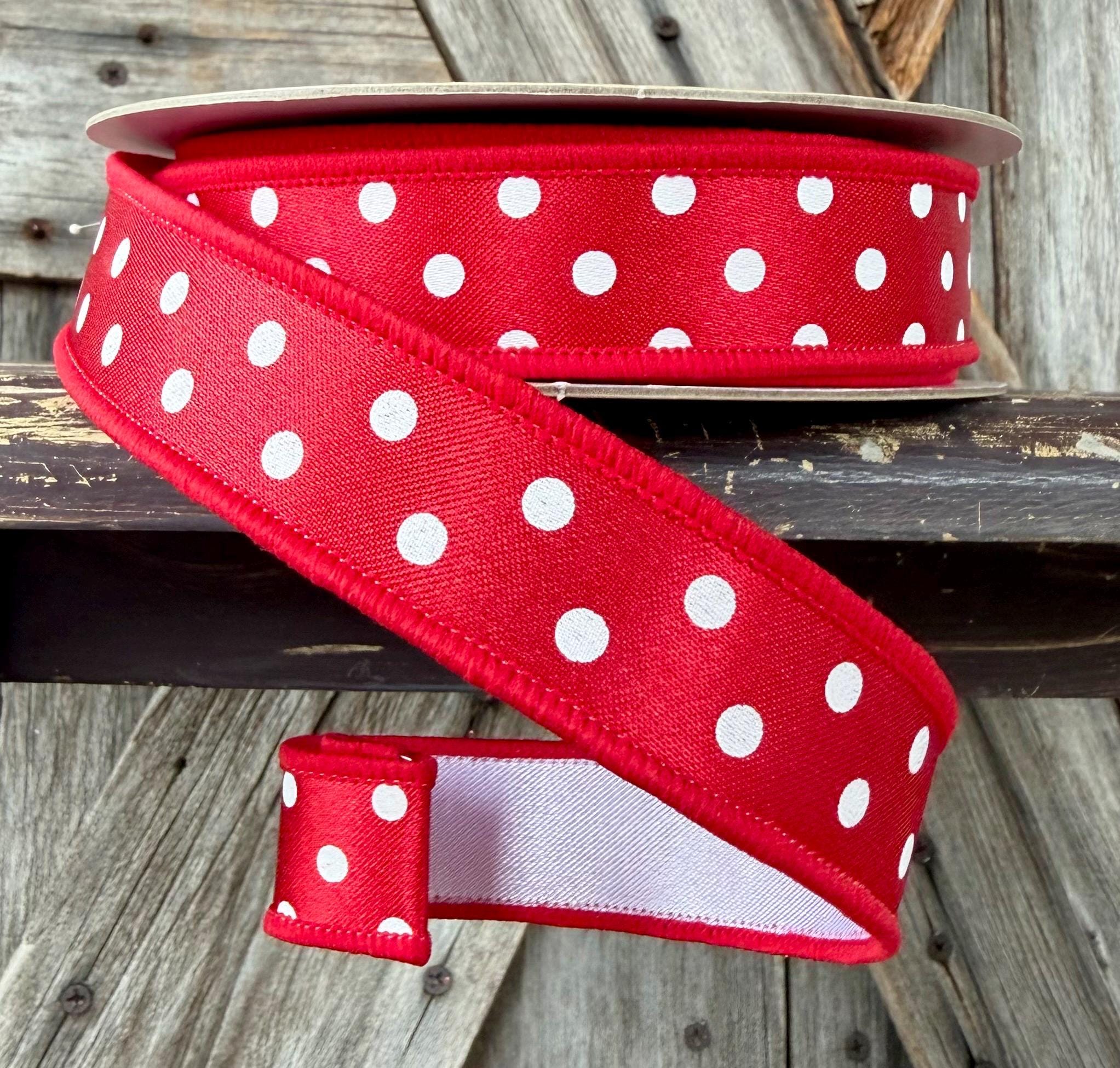 Red White Polka Dot Wired Ribbon 7/8 Inch
