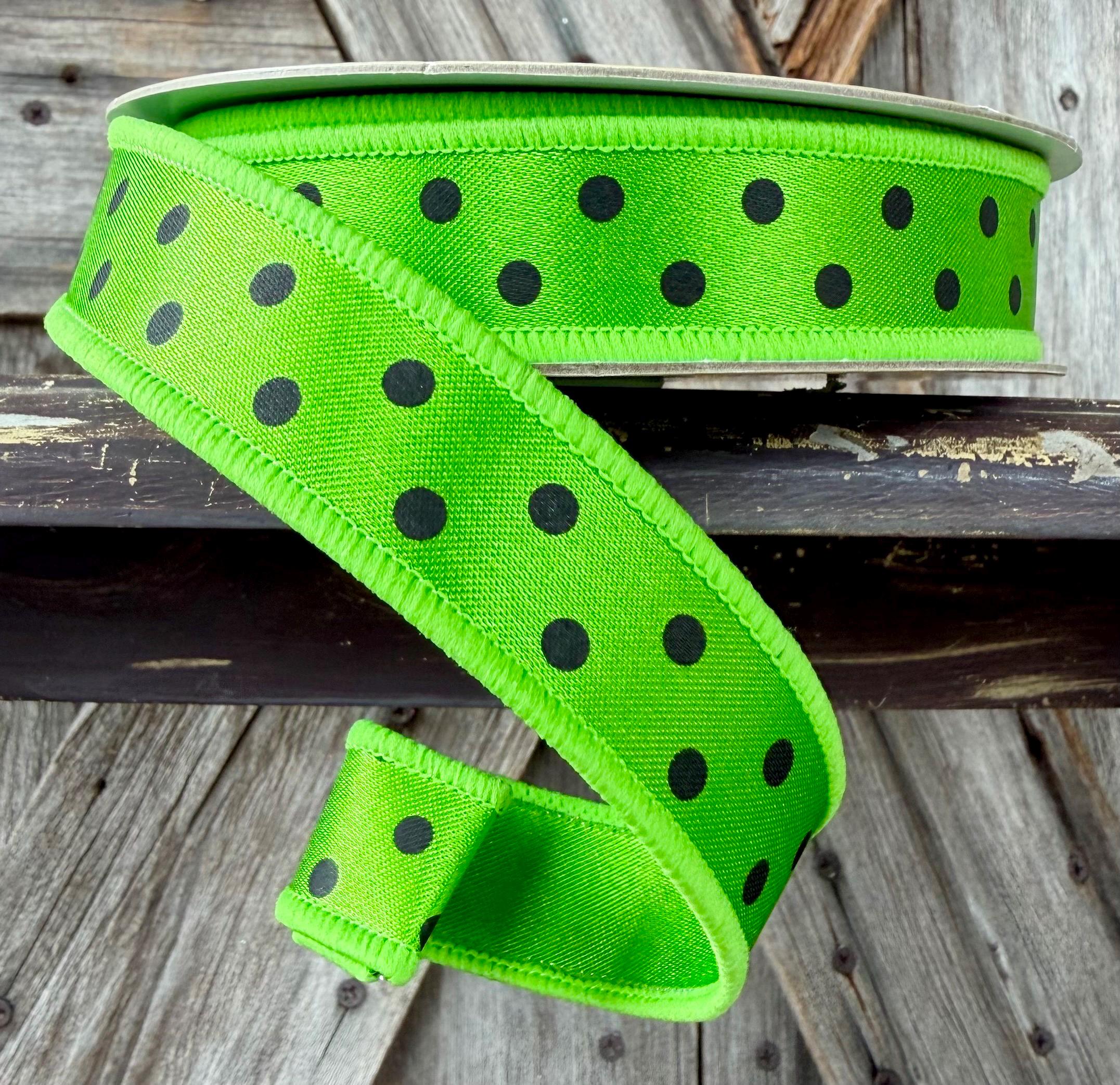 Fresh Green Black Polka Dot Wired Ribbon 7/8 Inch