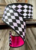 Black White Harlequin with Pink Back Wired Ribon, 2.5 Inch