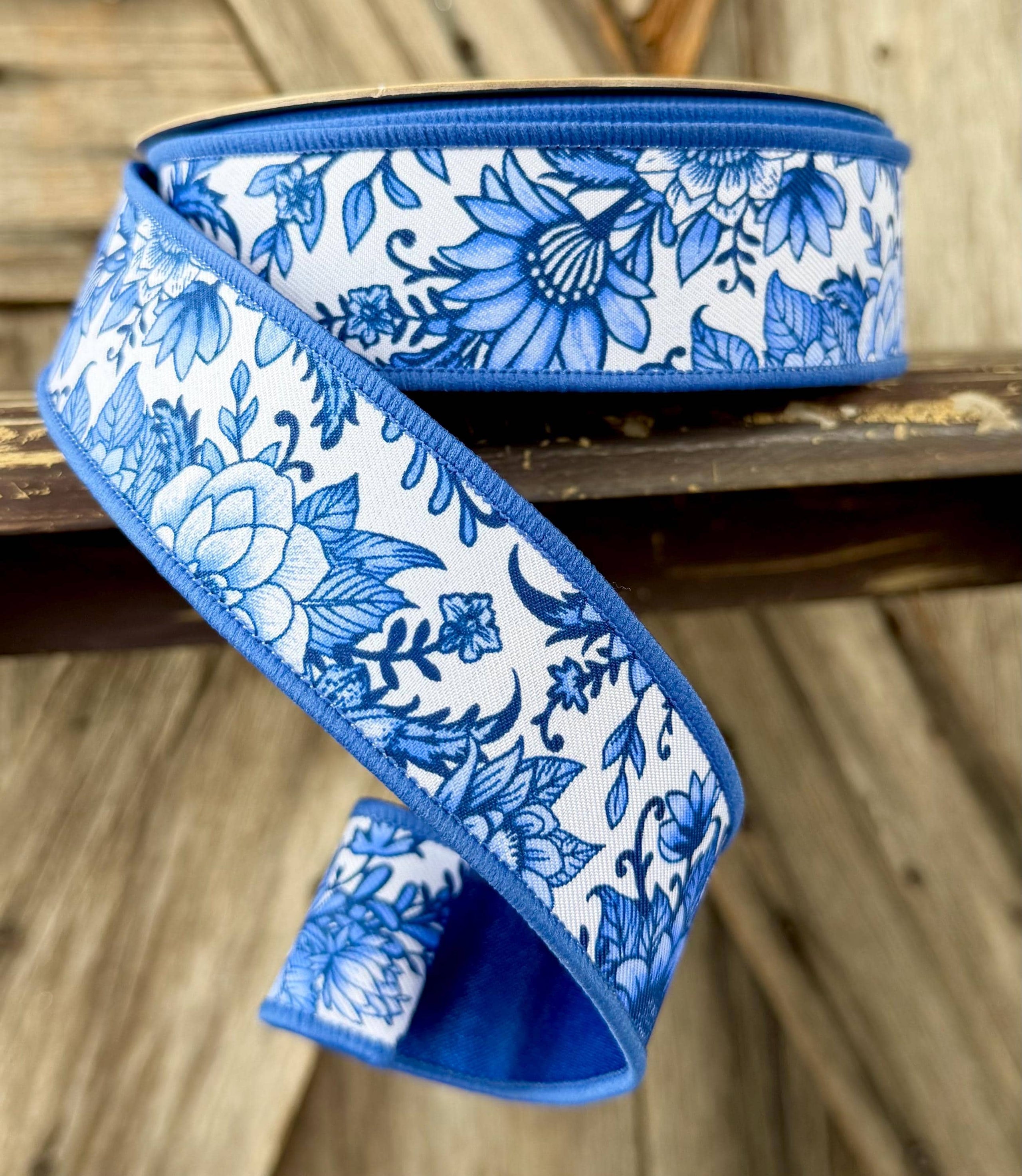 Blue White Floral Wired Ribbon 1.5 Inch