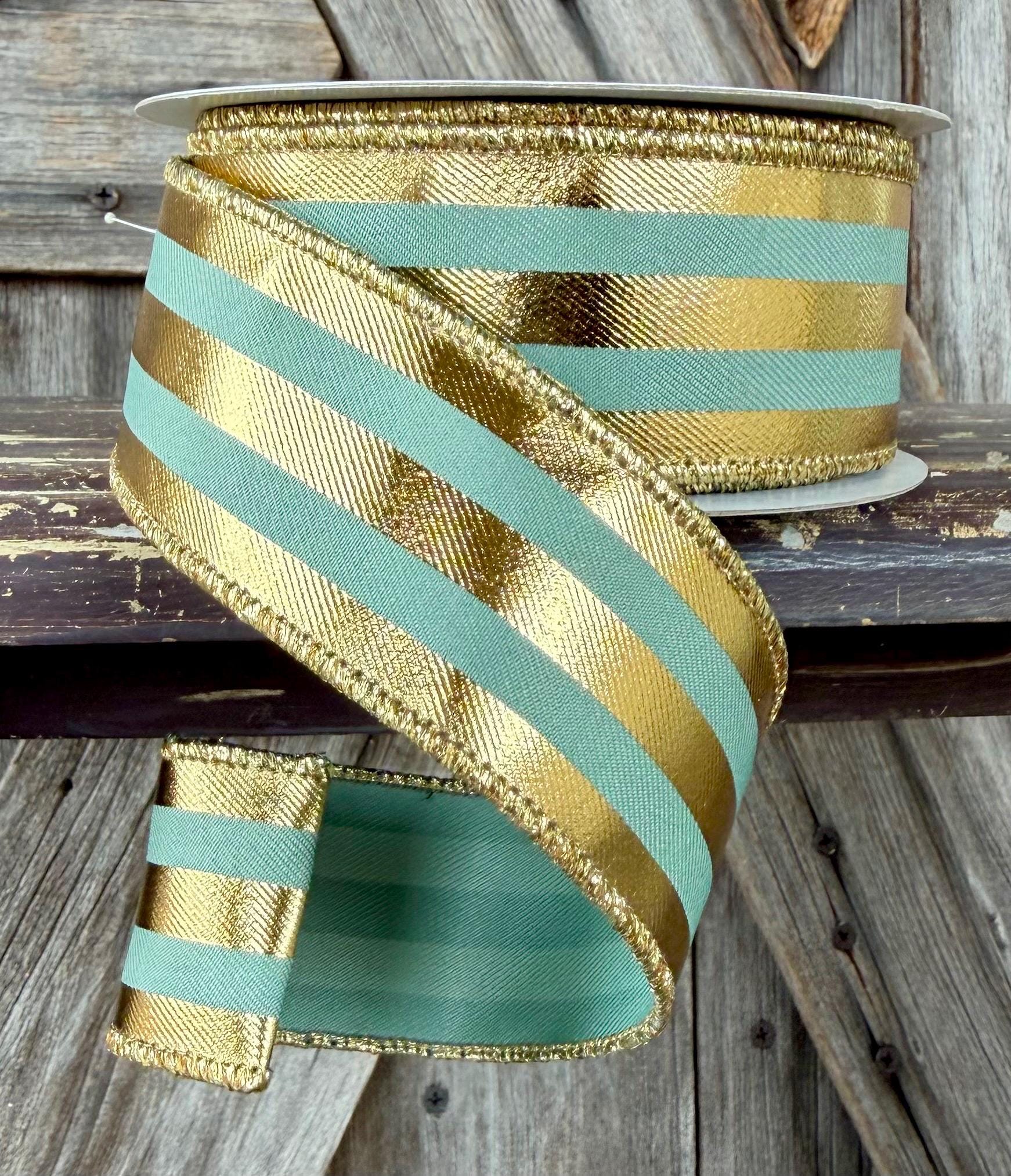Gold Sage Green Metallic Stripes Wired Ribbon 1.5 Inch