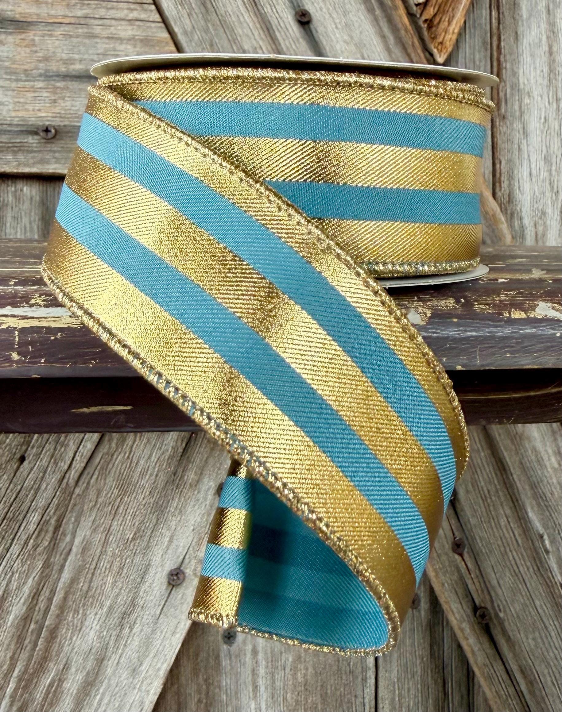 Gold Smoke Blue Metallic Stripes Wired Ribbon 1.5 Inch