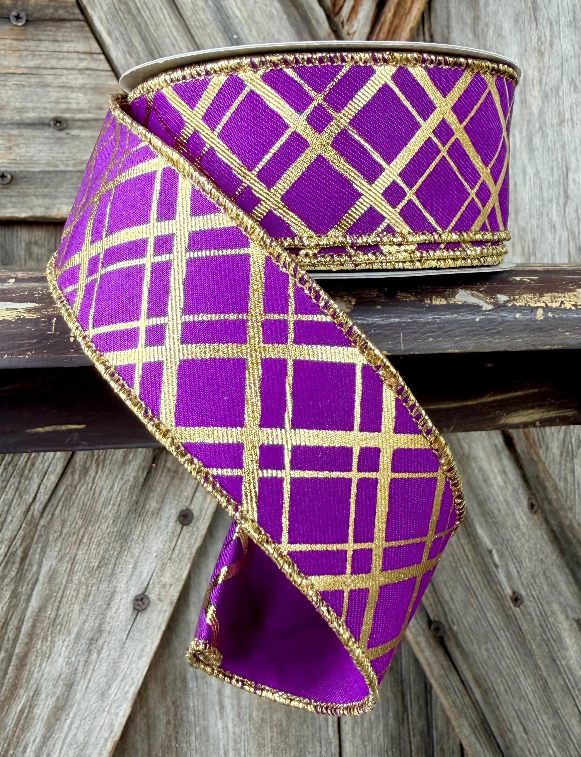 Purple Gold Diagnol Stripe Wired Ribbon 1.5 Inch