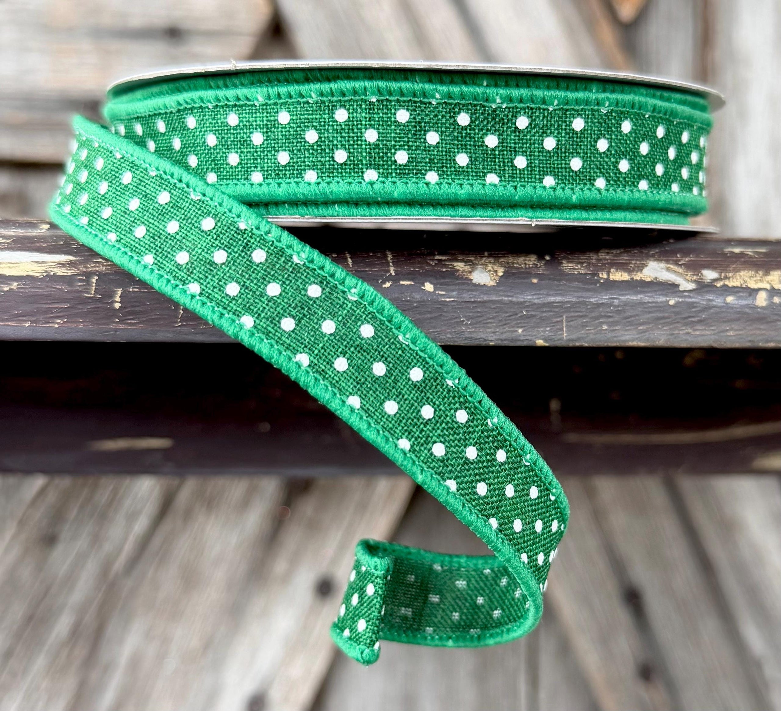 Emerald Green White Raised Swiss Dots Wired Ribbon 5/8 Inch