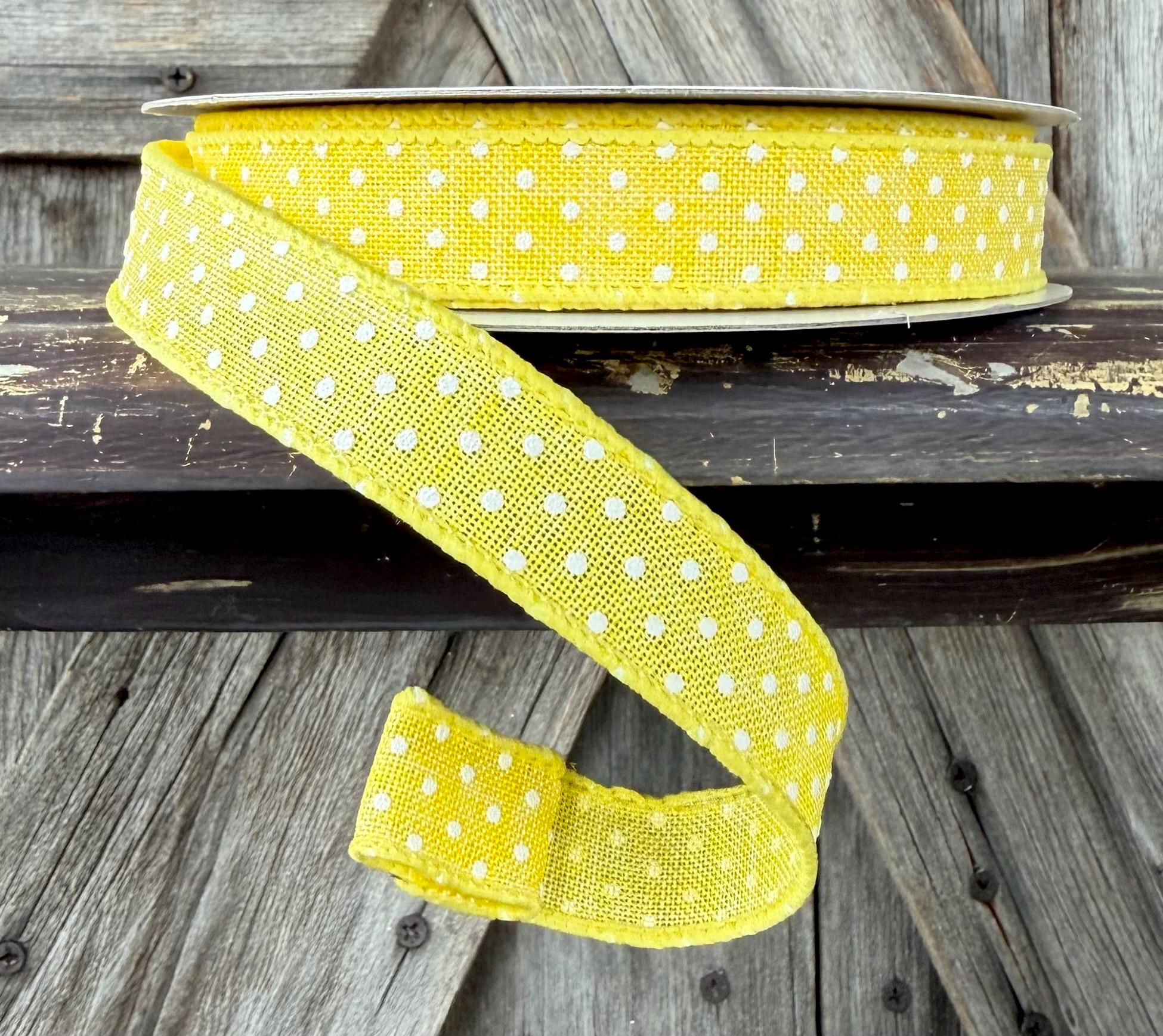 Yellow White Raised Swiss Dots Wired Ribbon 5/8 Inch