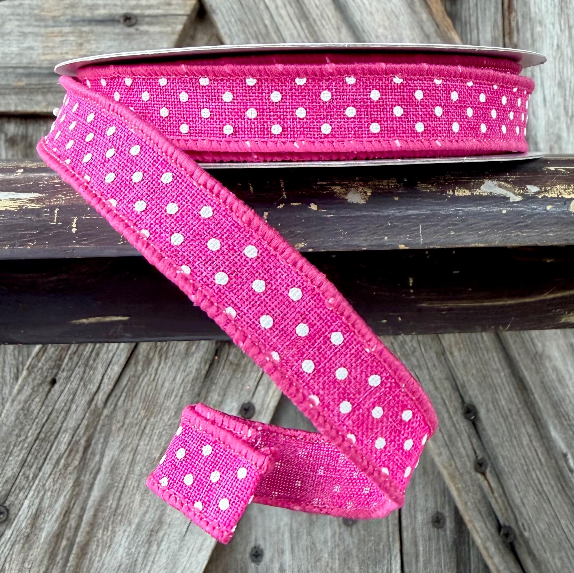 Hot Pink White Raised Swiss Dots Wired Ribbon 5/8 Inch