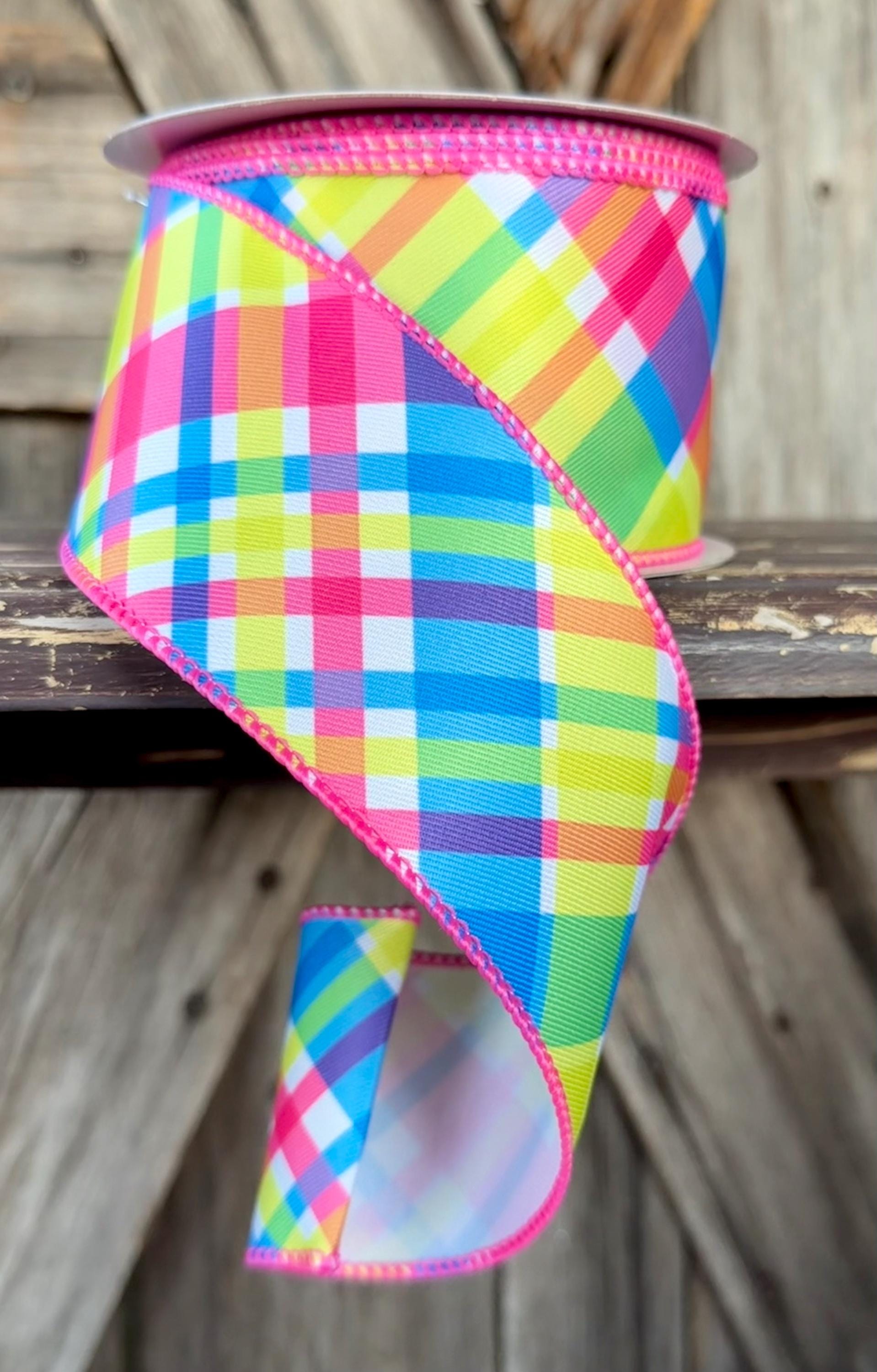 Bright Spring Plaid Wired Ribon, 2.5 Inch
